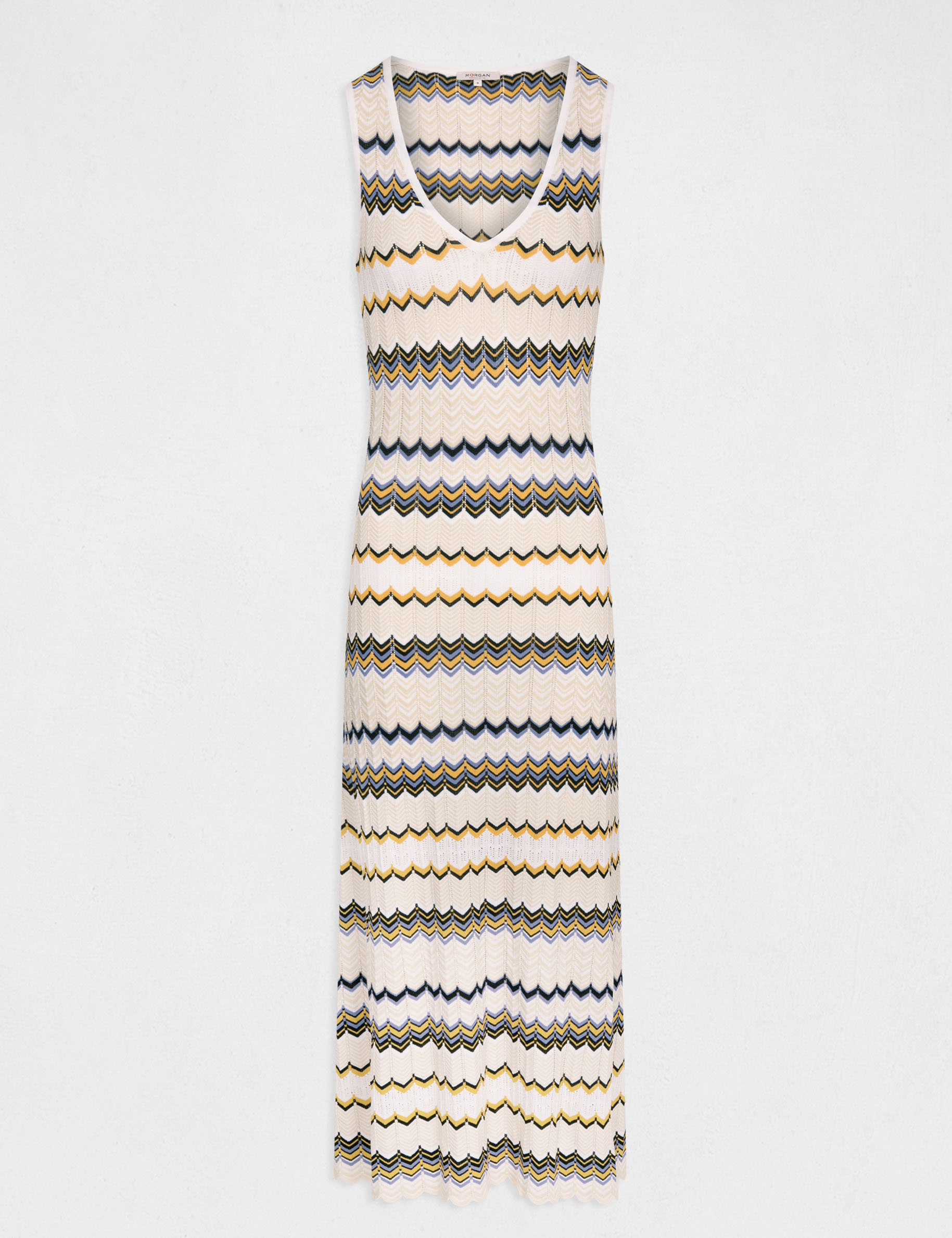 Robe pull longue droite imprimé chevron ivoire femme Robe pull longue droite imprimé chevron ivoire femme
