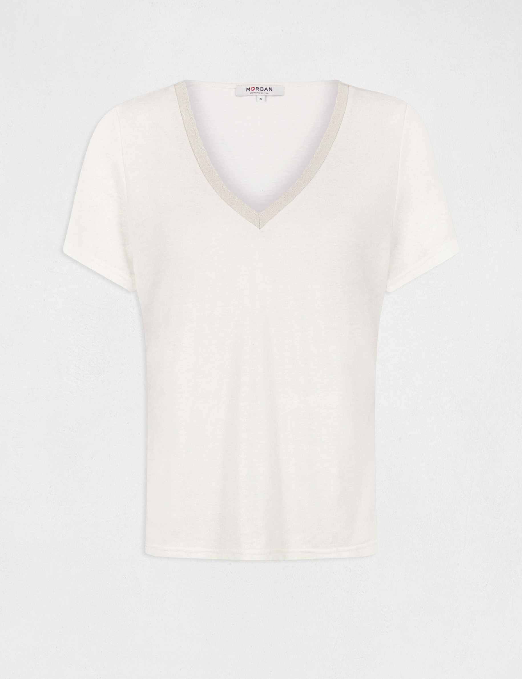T-shirt manches courtes col en V ecru femme T-shirt manches courtes col en V ecru femme