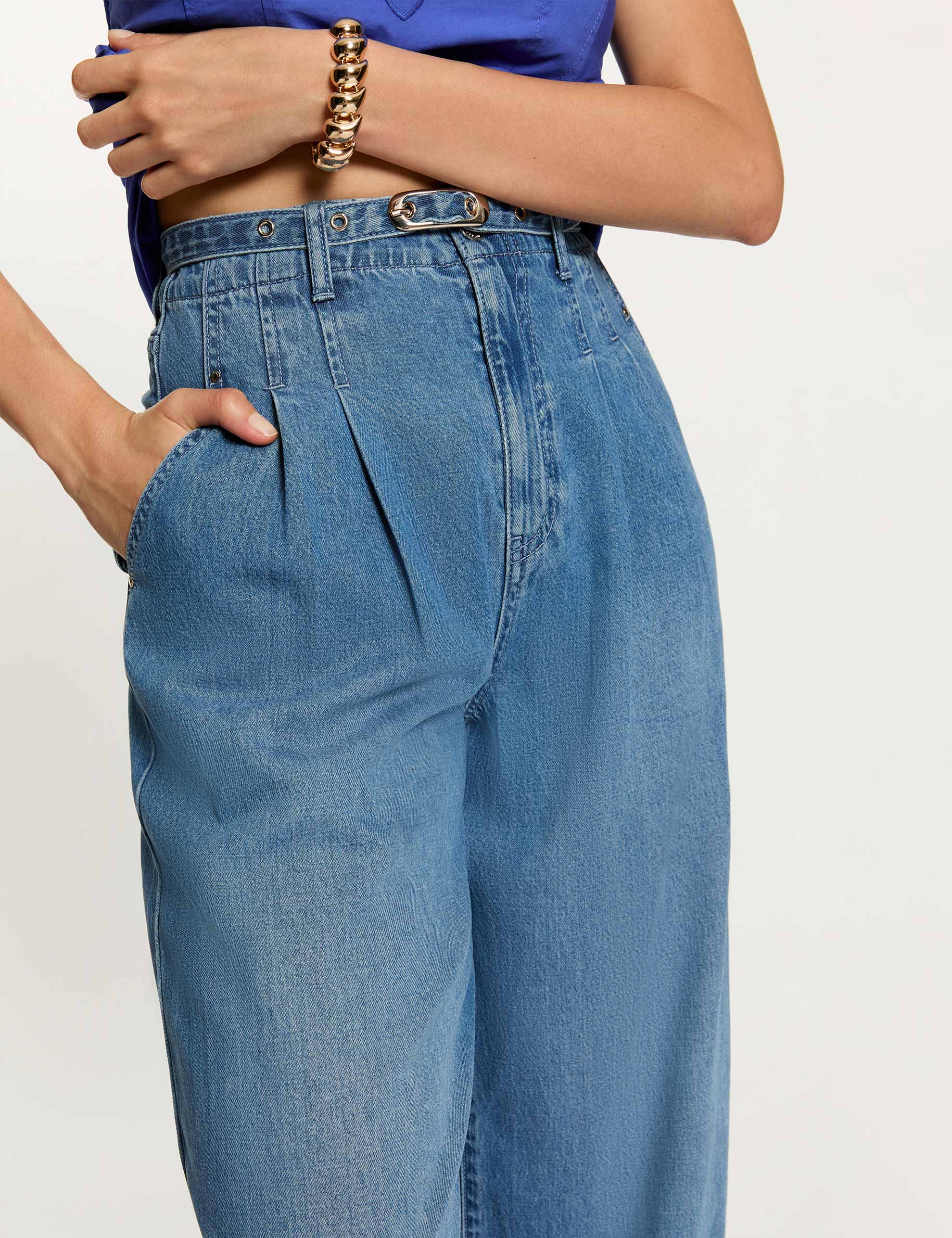 Jean large taille haute denim bleach femme