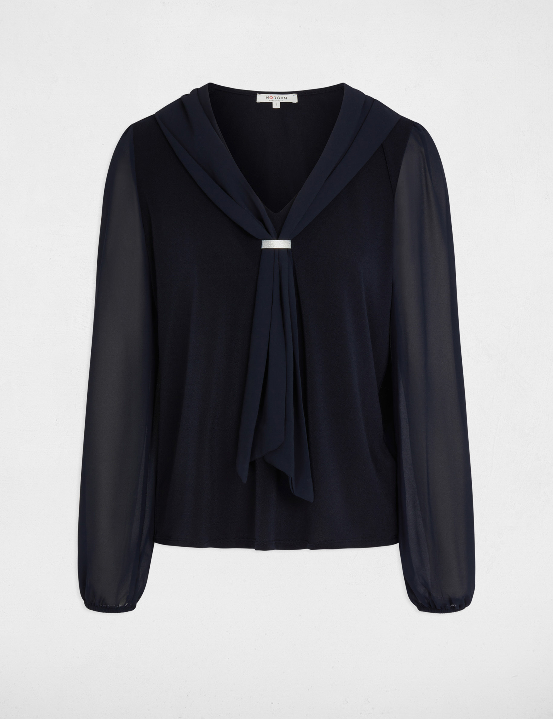 T-shirt voile col lavalli&egrave;re bleu marine femme