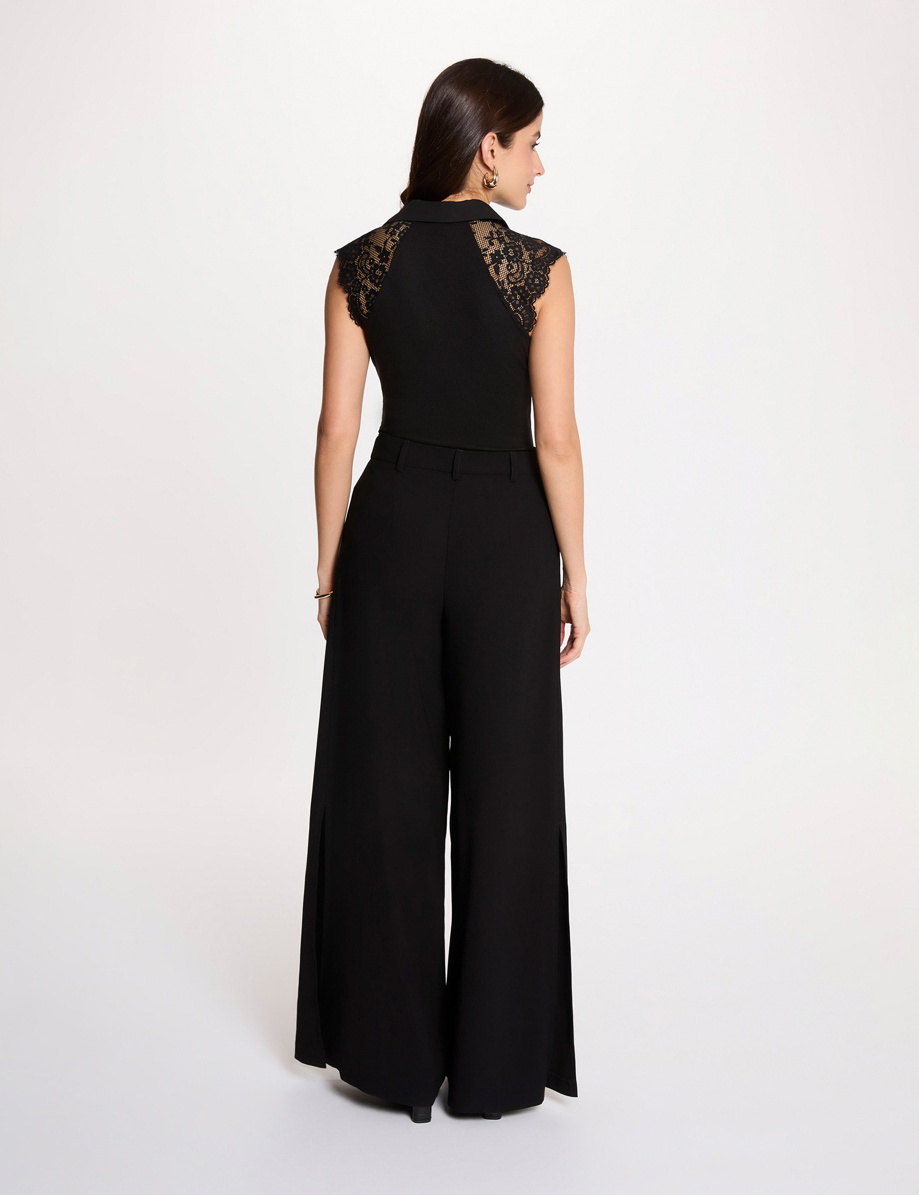 T-shirt dentelle col revers noir femme