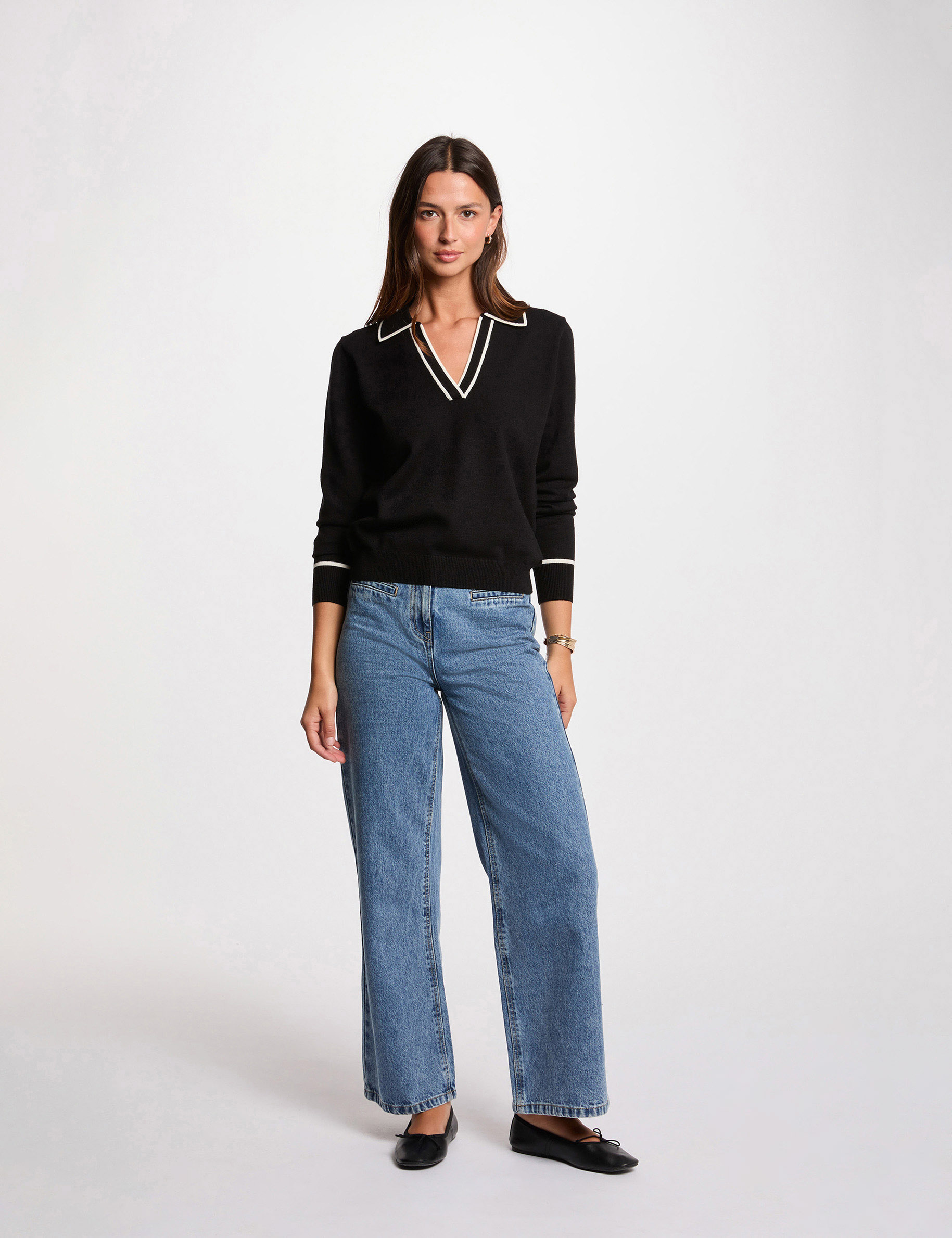 Pull col polo noir femme