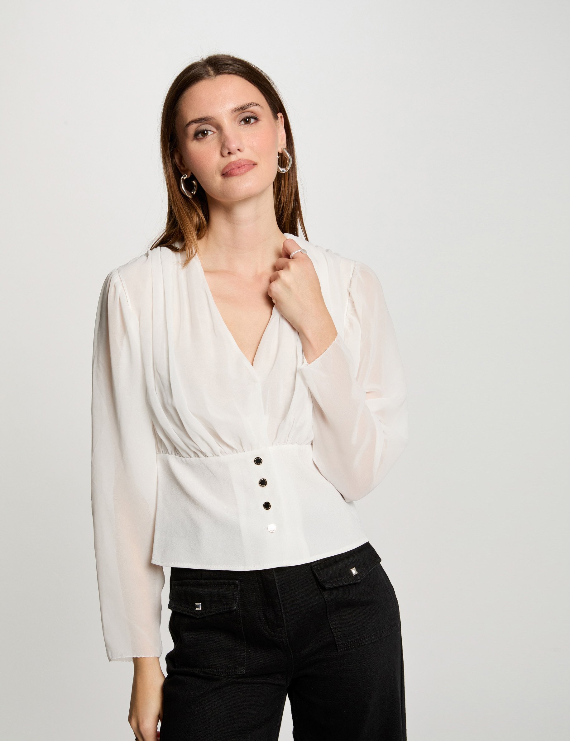 blouse manches longues drapee blanc femme Blouse manches longues drapée blanc femme