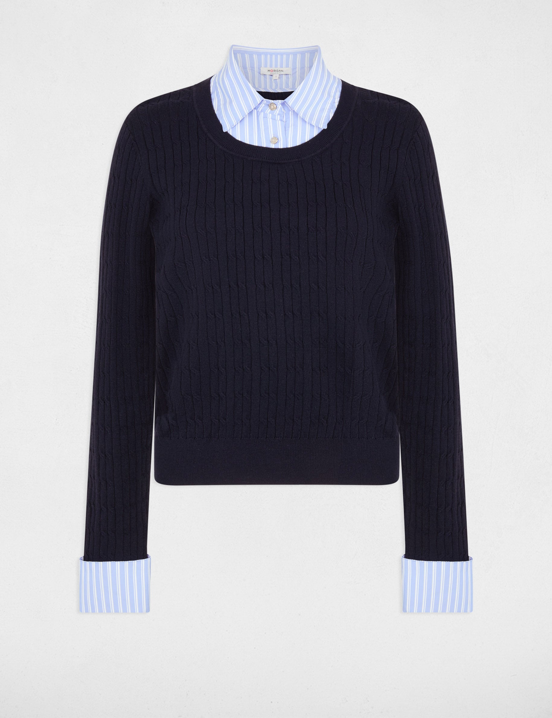 Pull col chemise bleu marine femme