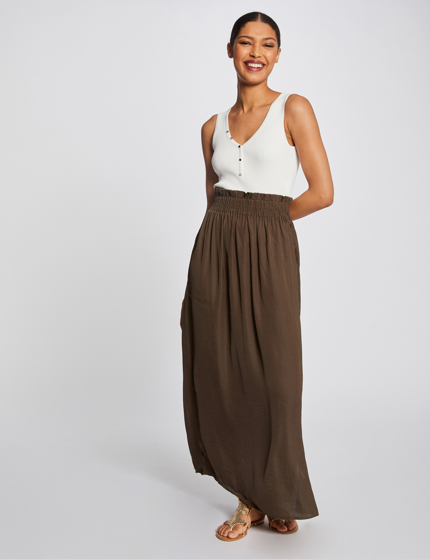 Jupe longue fluide taille élastiquée vert kaki femme Jupe longue fluide taille élastiquée vert kaki femme