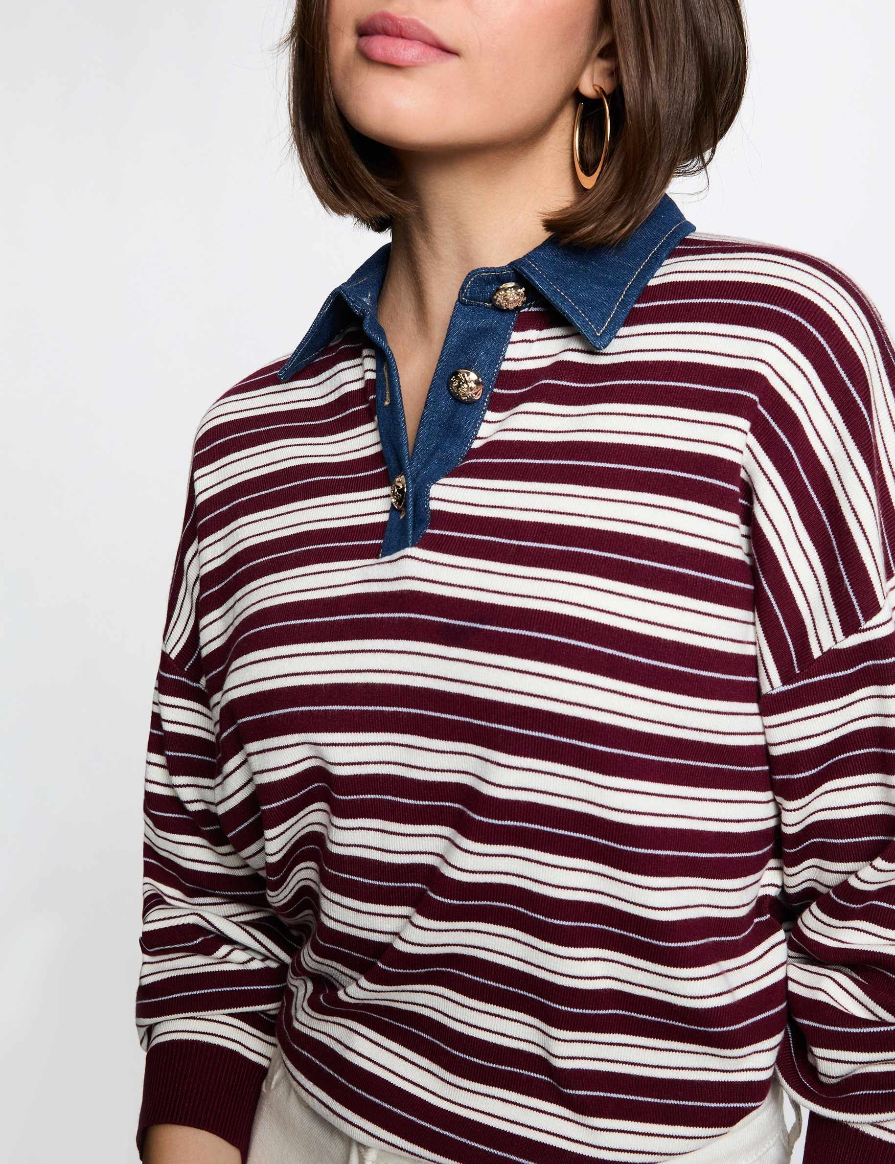 Pull ray&eacute; col &agrave; revers bordeaux femme