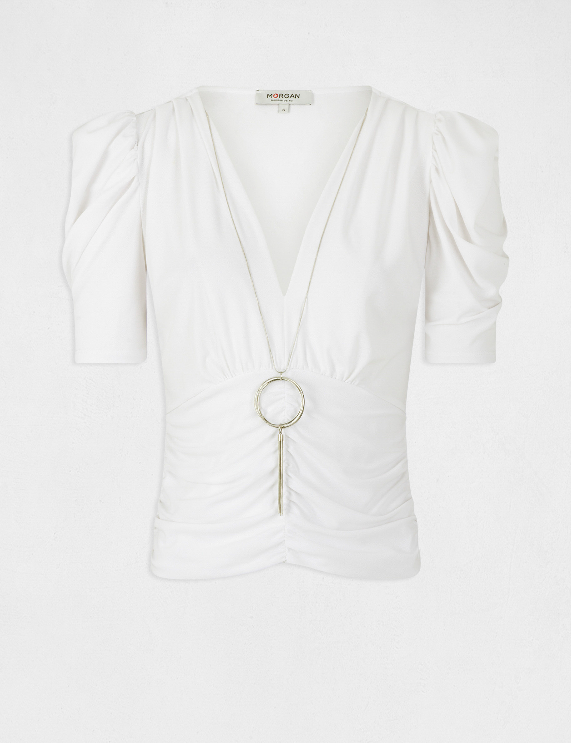 T-shirt manches courtes à détail bijou ecru femme T-shirt manches courtes à détail bijou ecru femme