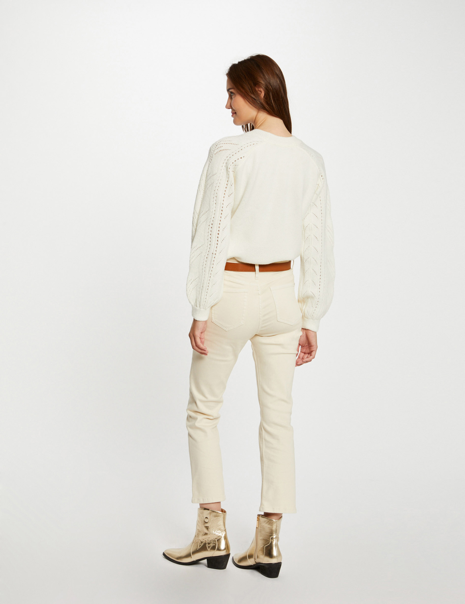 Pull manches longues détails ajourés ivoire femme