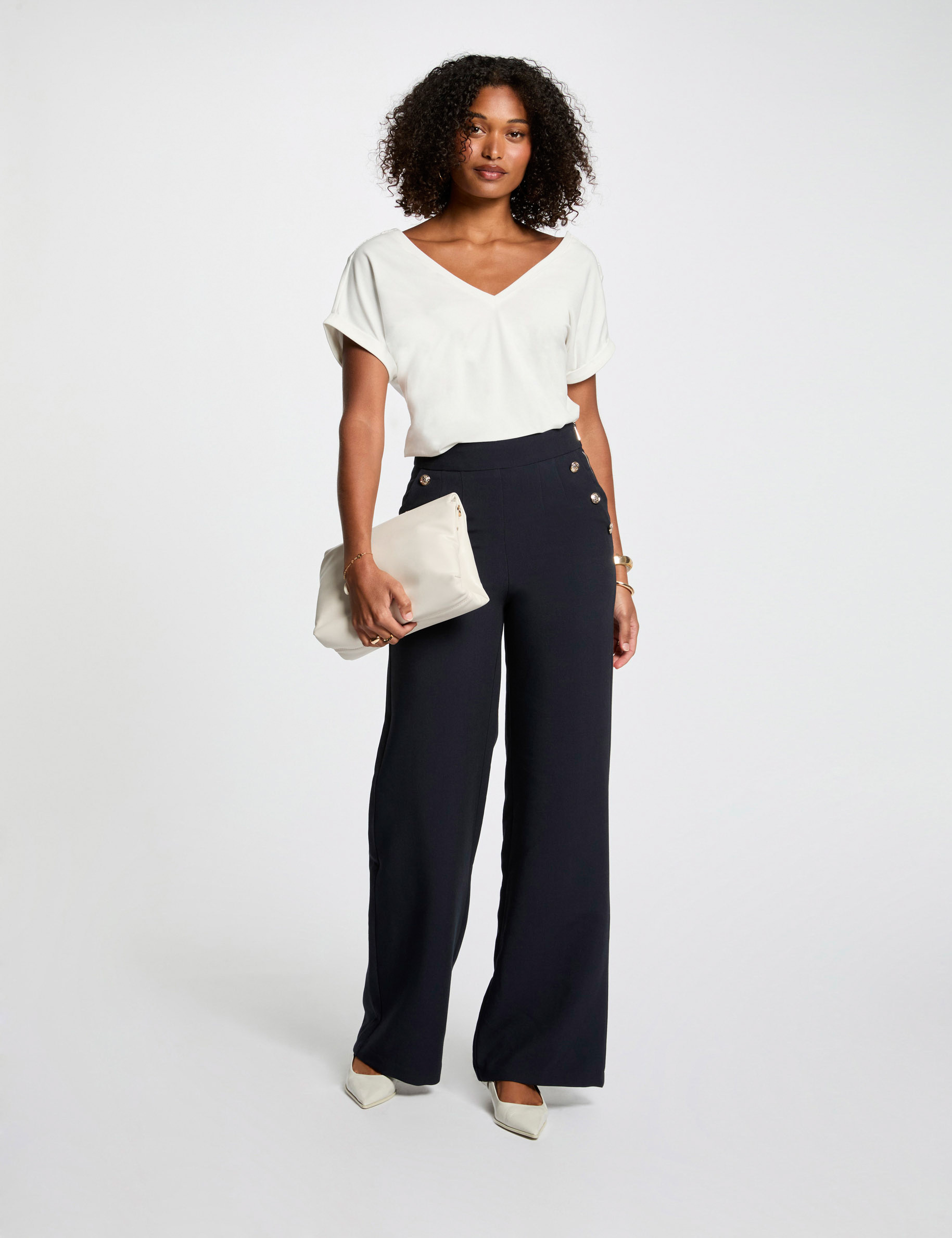 pantalon large a boutons bleu marine femme Pantalon large à boutons bleu marine femme