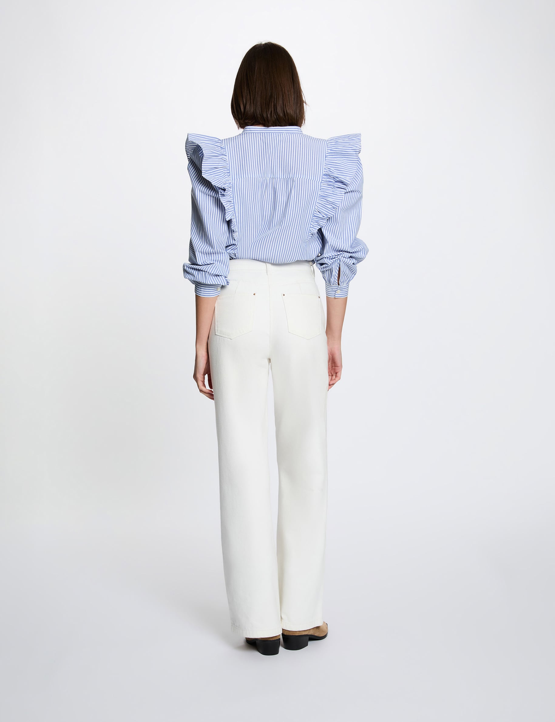 Chemise ray&eacute;e col mao bleu ciel femme