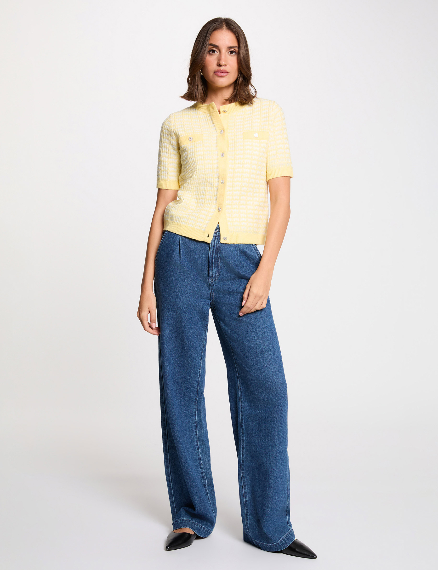Gilet manches courtes imprim&eacute; jaune clair femme