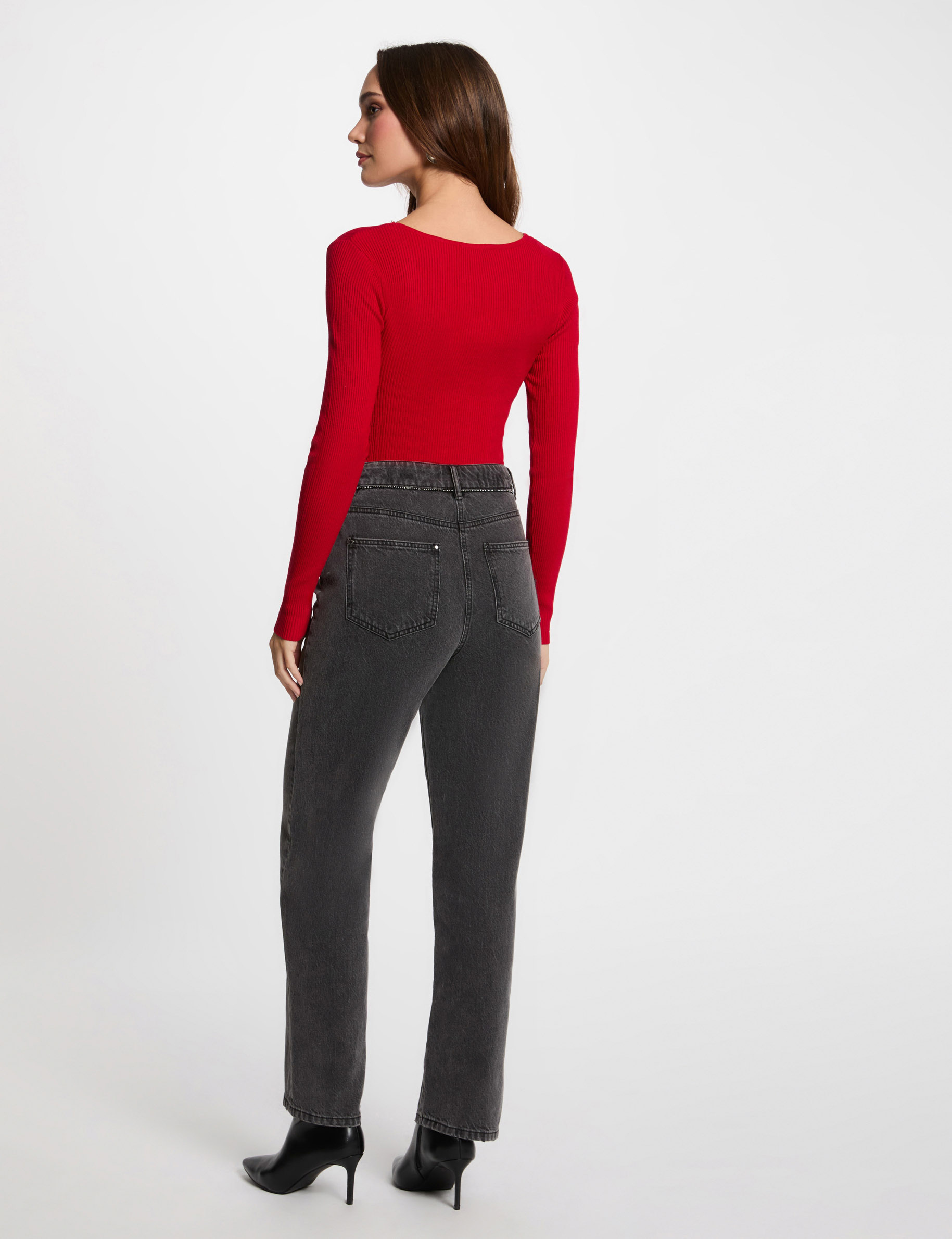 pull manches longues cotele detail zippe rouge femme Pull manches longues côtelé détail zippé rouge femme