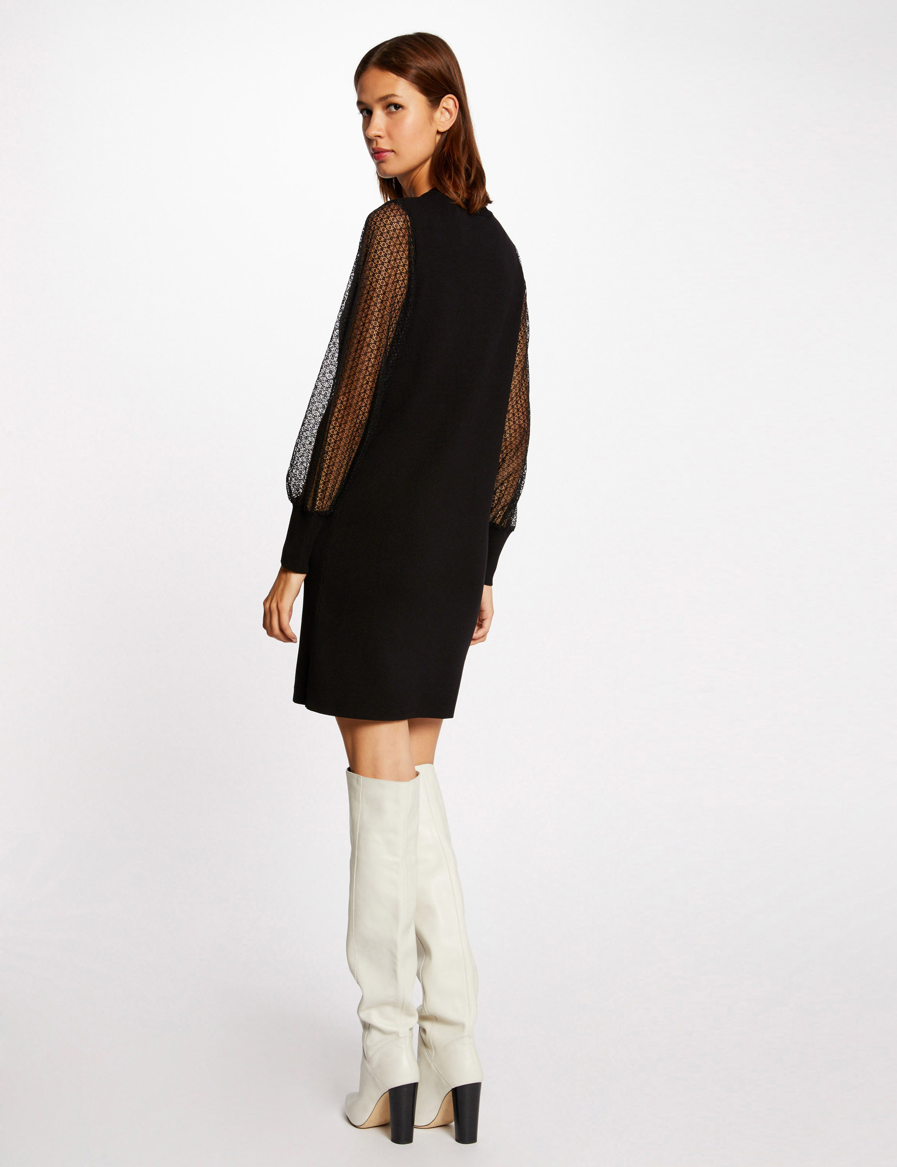 Robe pull droite à manches en dentelle noir femme Robe pull droite à manches en dentelle noir femme