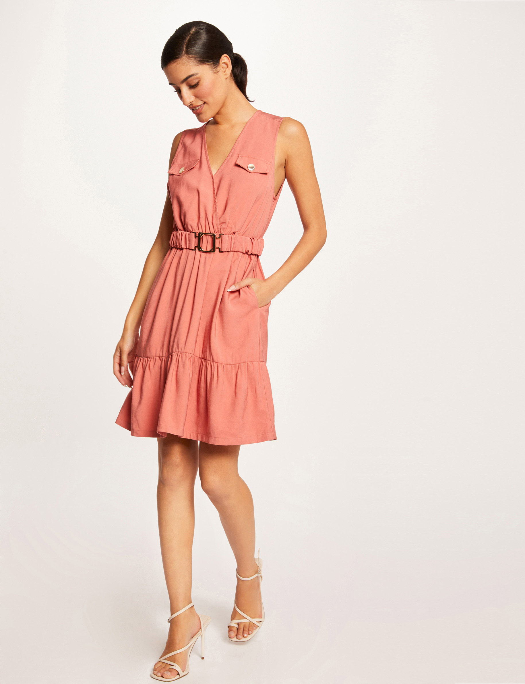 Robe droite fluide ceinturée rouille femme