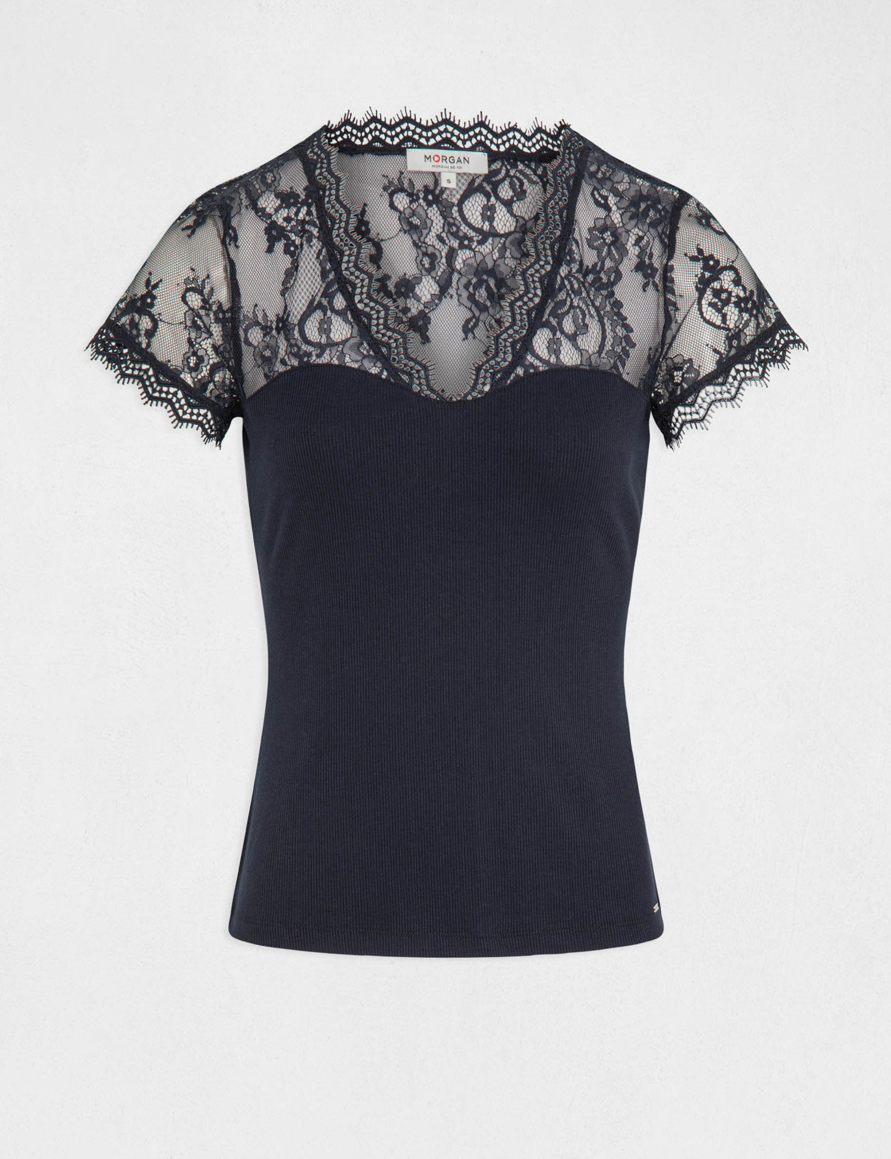 t shirt manches courtes a dentelle marine femme T-shirt manches courtes à dentelle marine femme