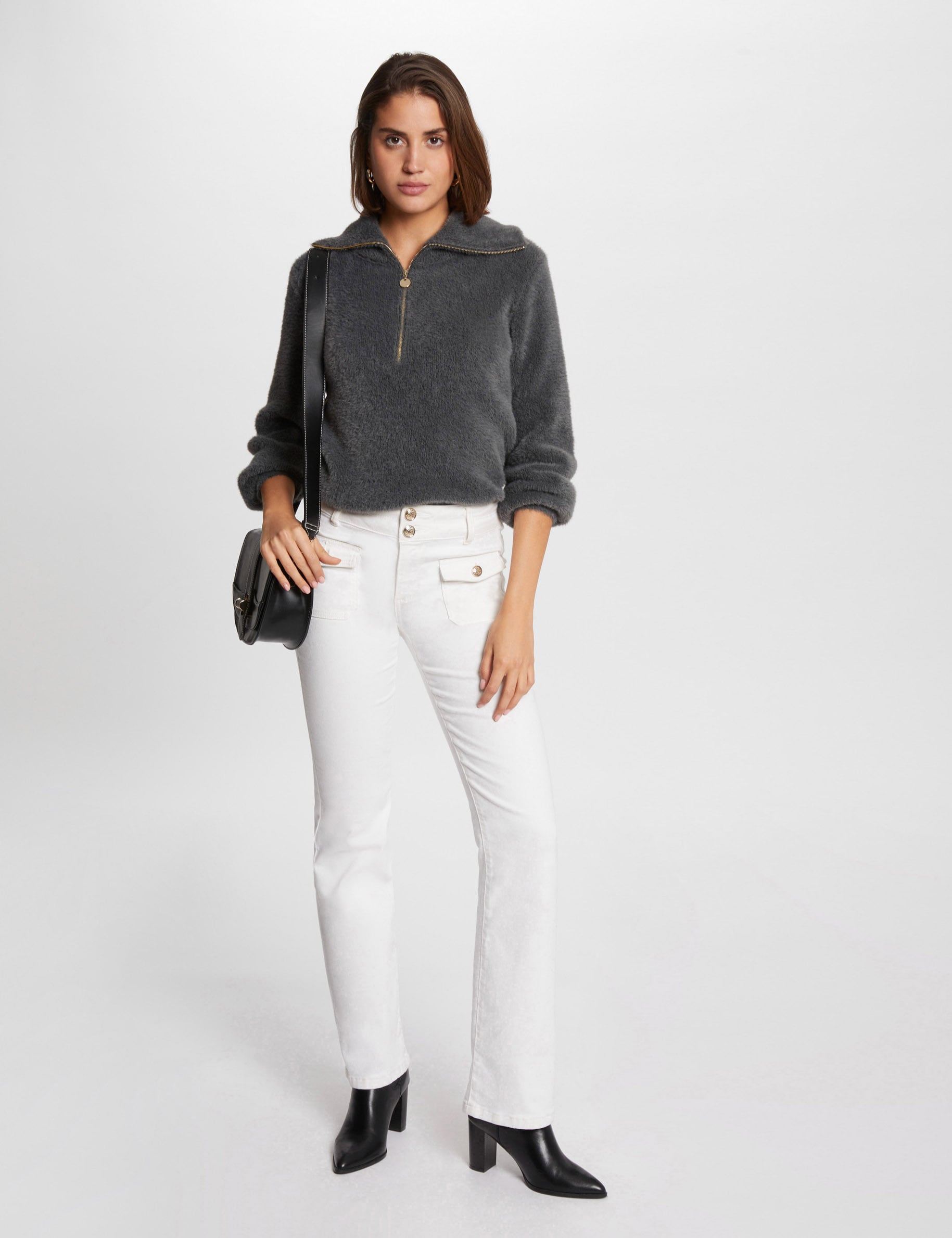 Pull manches longues &agrave; col zipp&eacute; gris anthracite femme