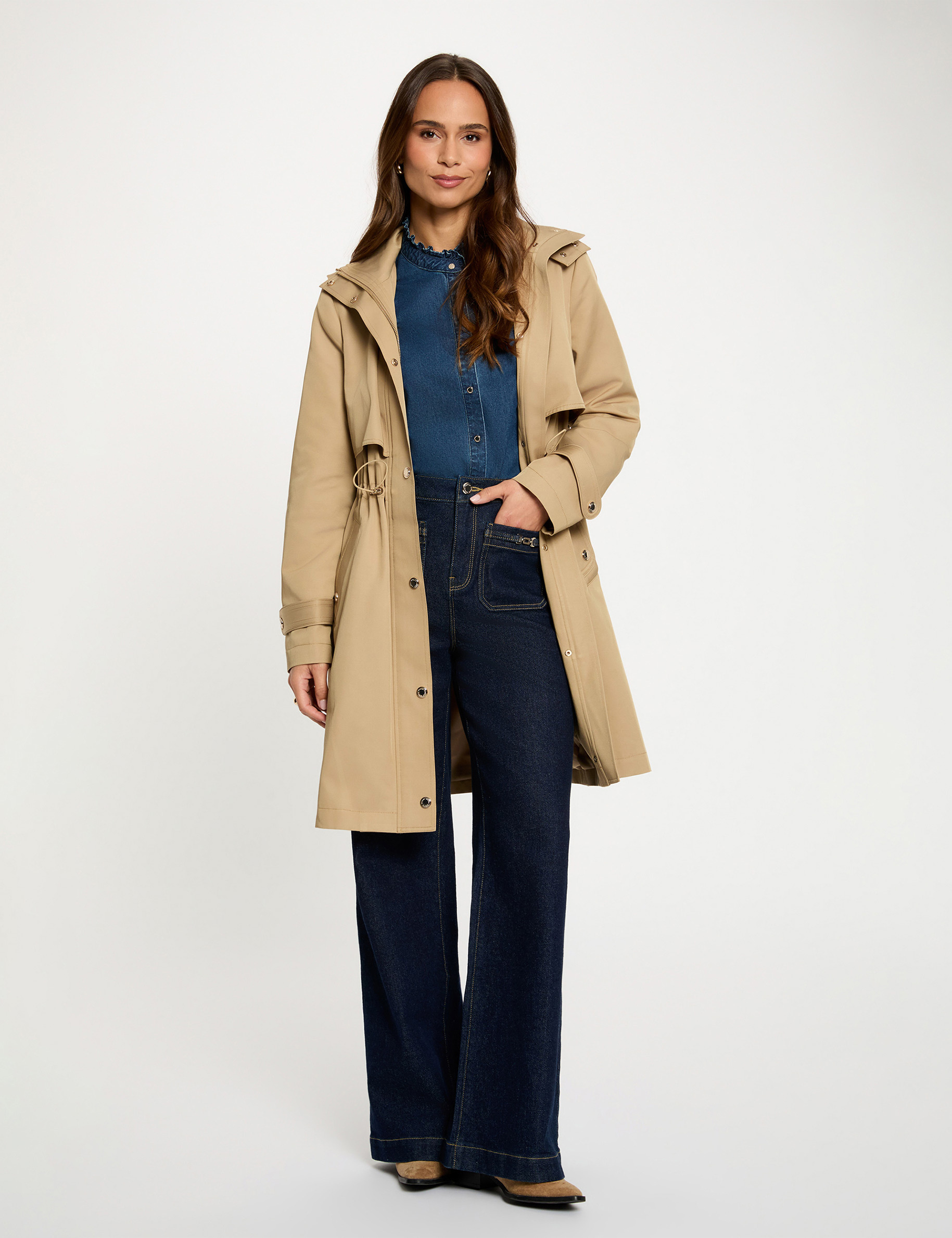 Parka longue col montant beige femme