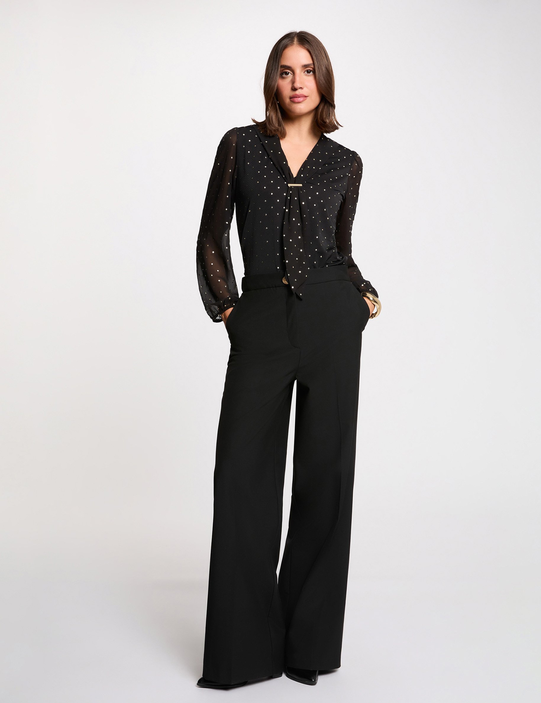 Pantalon large taille haute noir femme Morgan