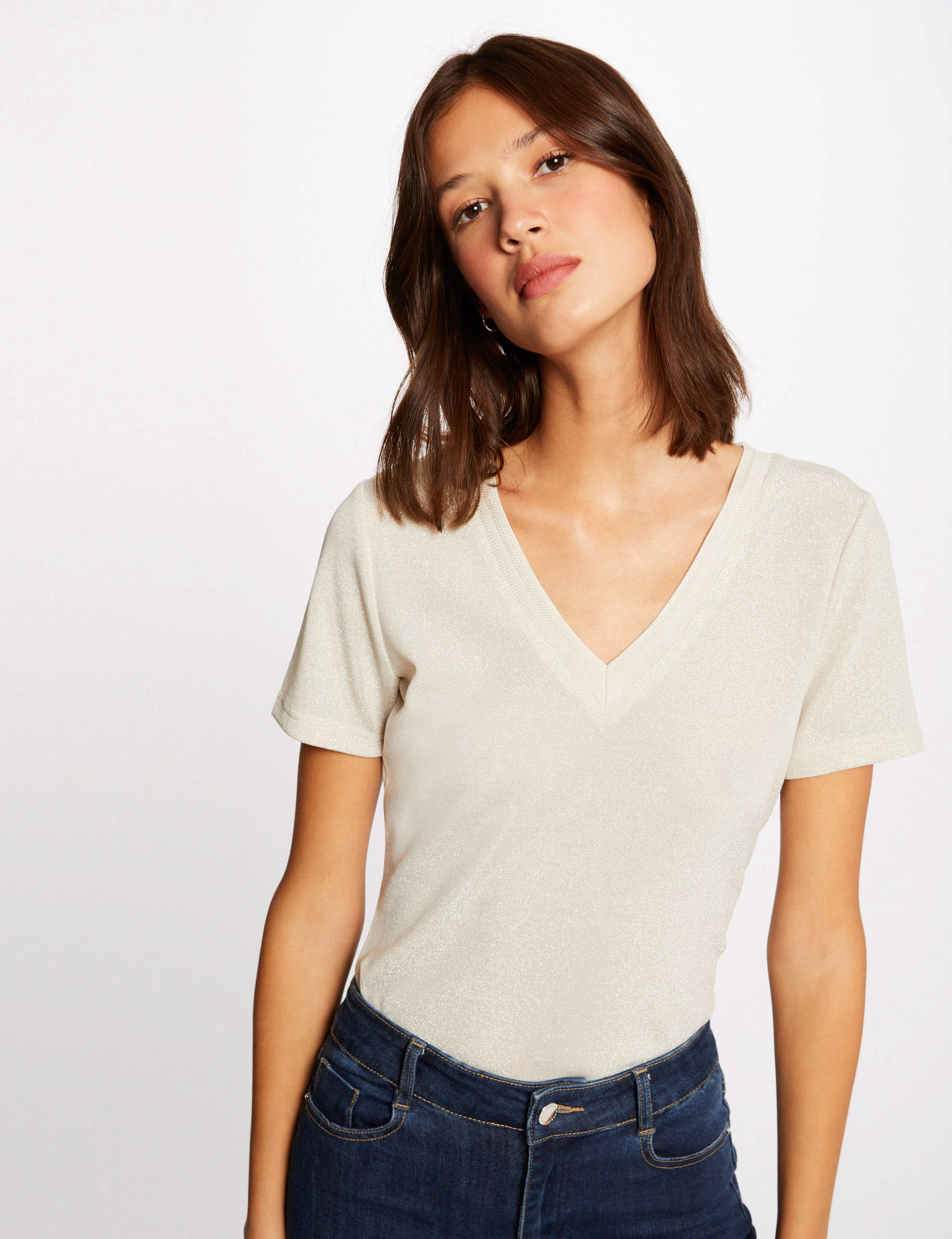 t shirt manches courtes avec col en v ivoire femme T-shirt manches courtes avec col en V ivoire femme