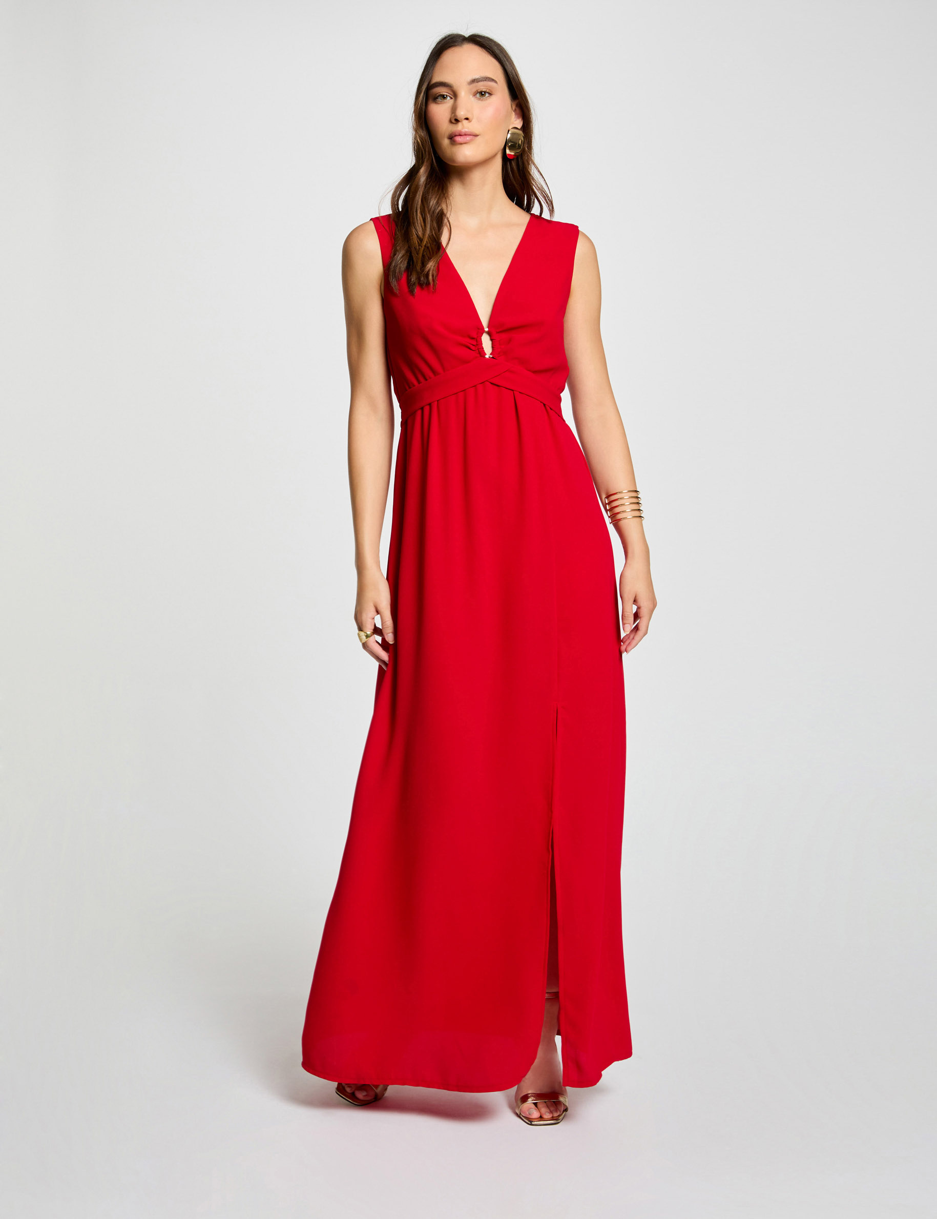 Robe longue cintree fluide rouge femme Morgan