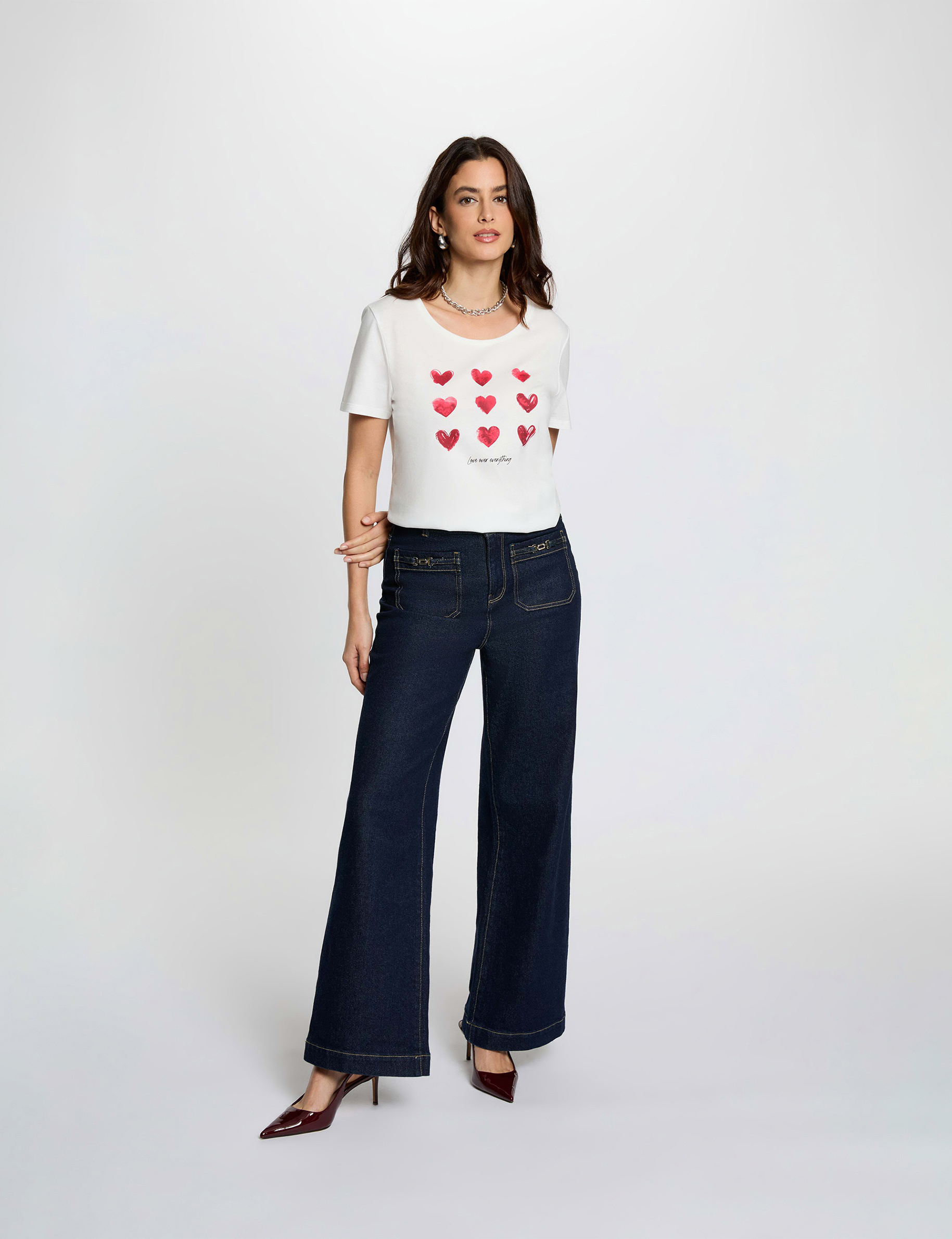 T-shirt col v manches courtes blanc femme
