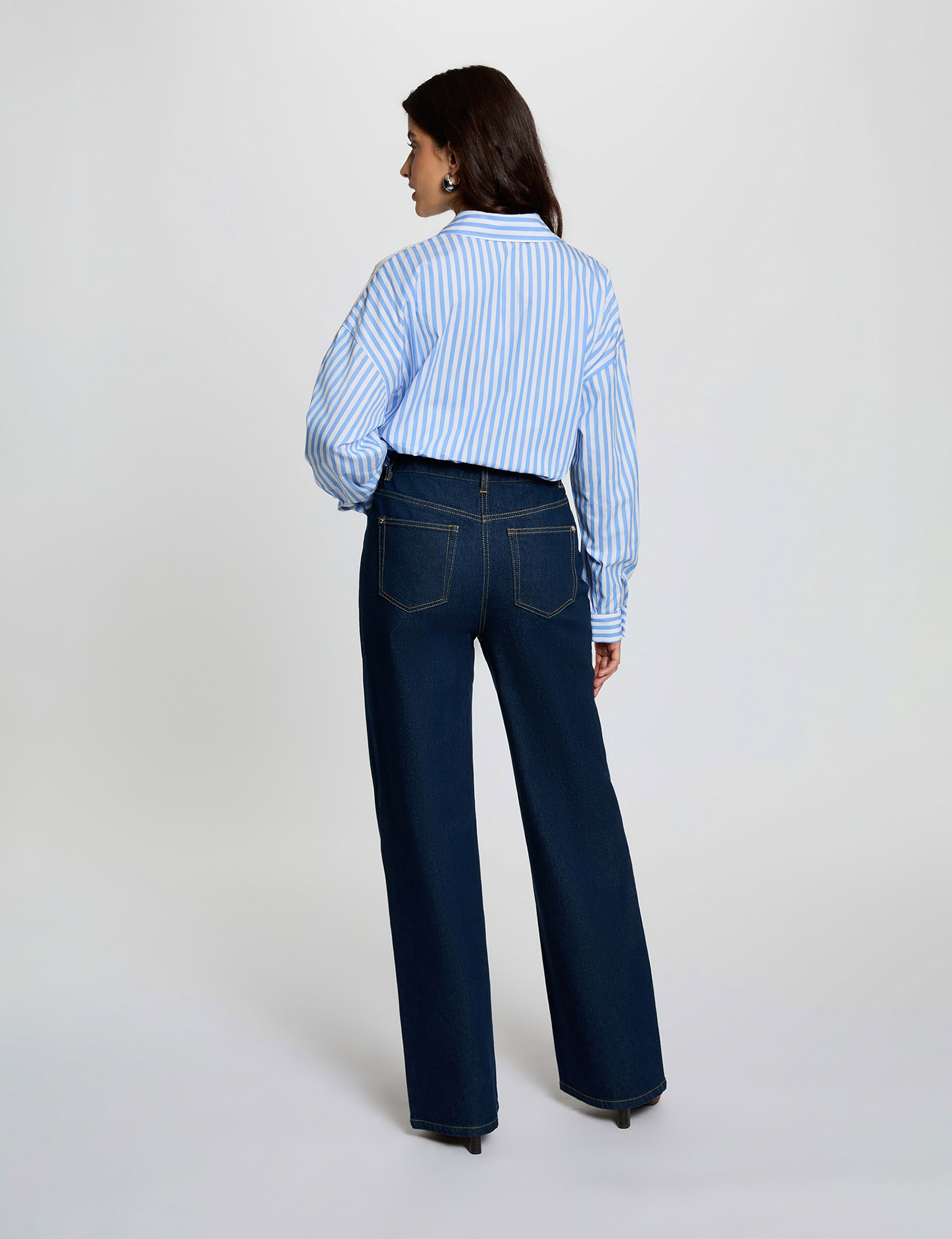Chemise brodée coeur rayée blanc bleu manches longues col classique - Amandine | Motus Boutique