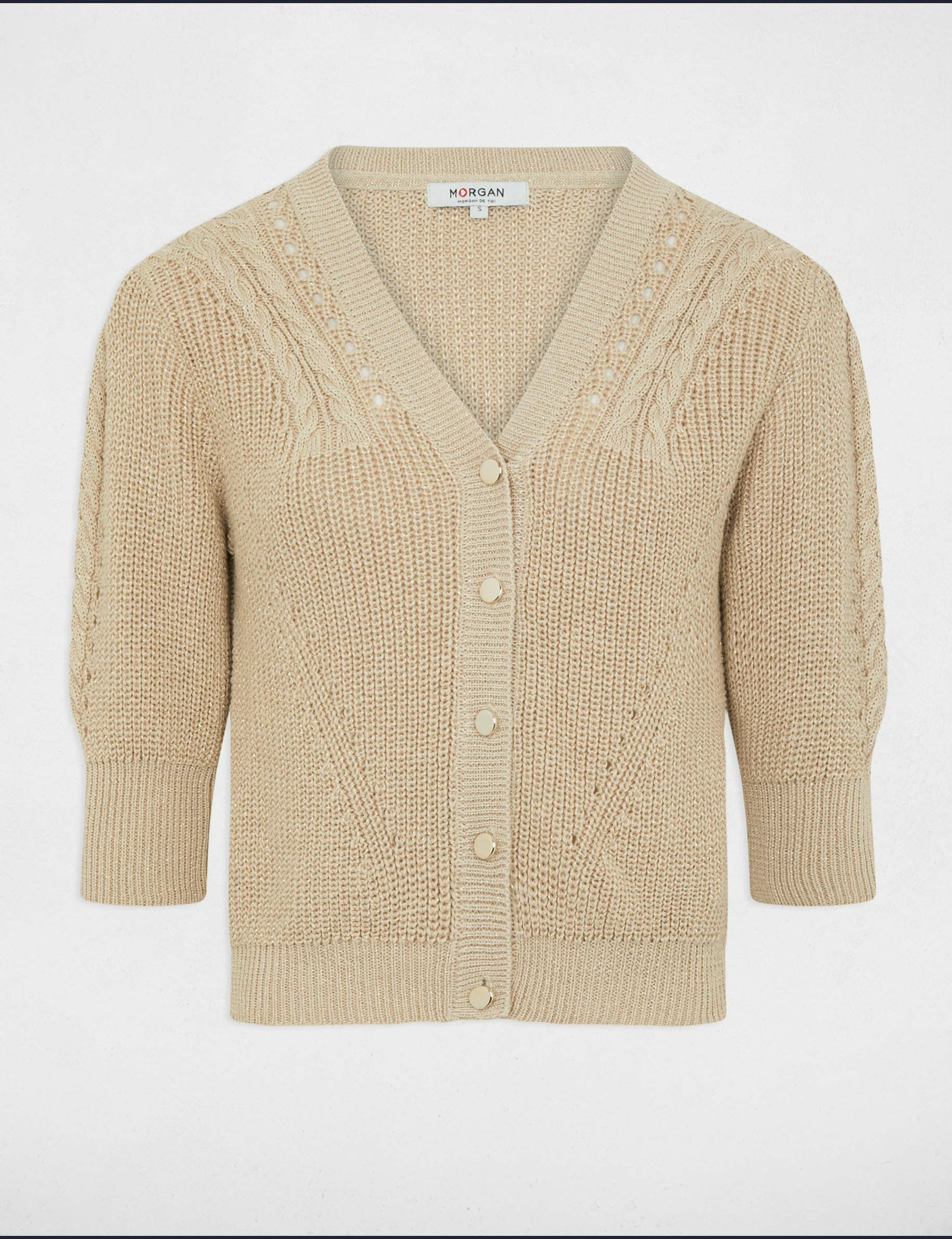 gilet manches 34 avec details torsades beige clair femme Gilet manches 3/4 avec détails torsades beige clair femme