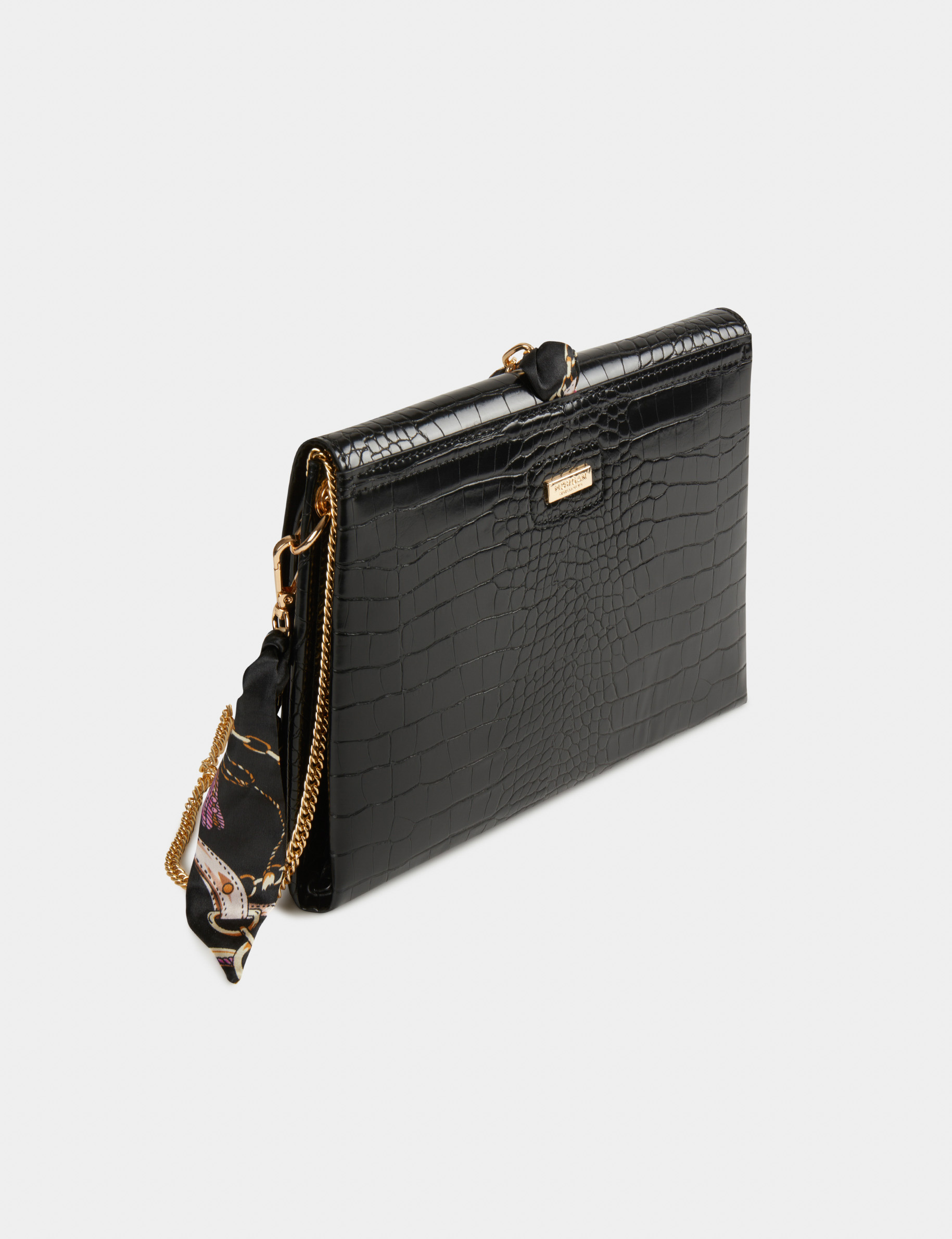 Sac pochette aspect croco avec foulard noir femme