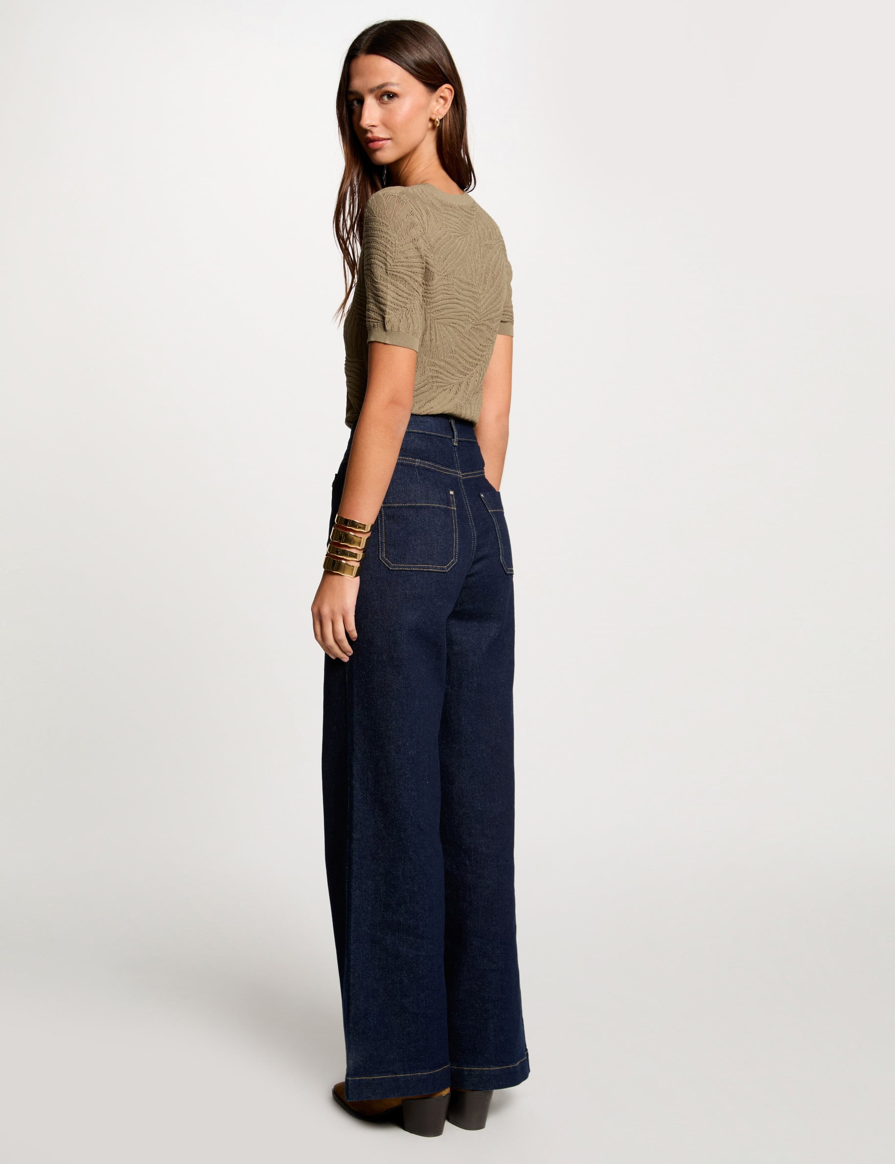 Pull manches courtes ajour&eacute; vert kaki femme