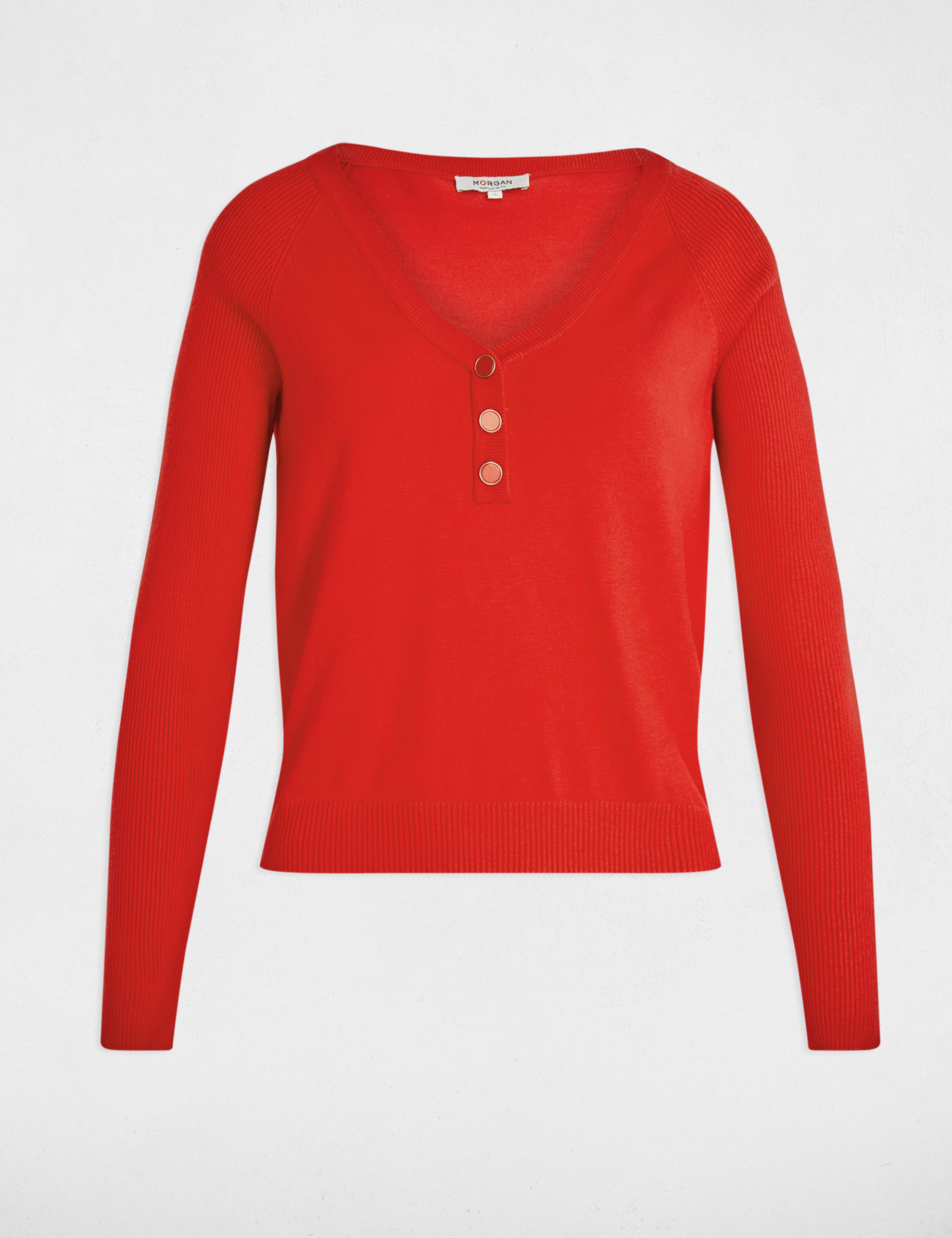Pull ajusté col v rouge femme Morgan