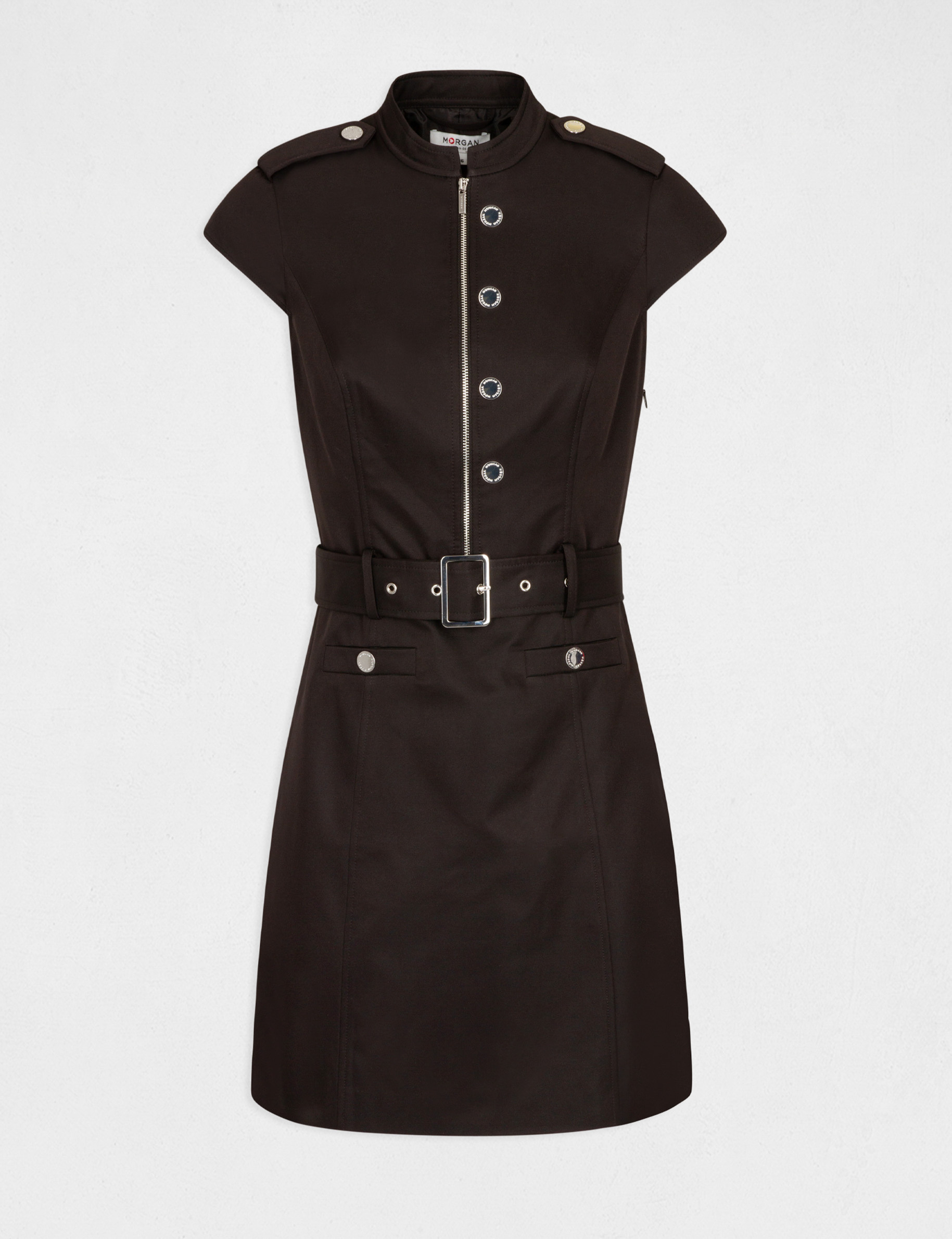 Robe droite zipp&eacute;e et ceintur&eacute;e noir femme
