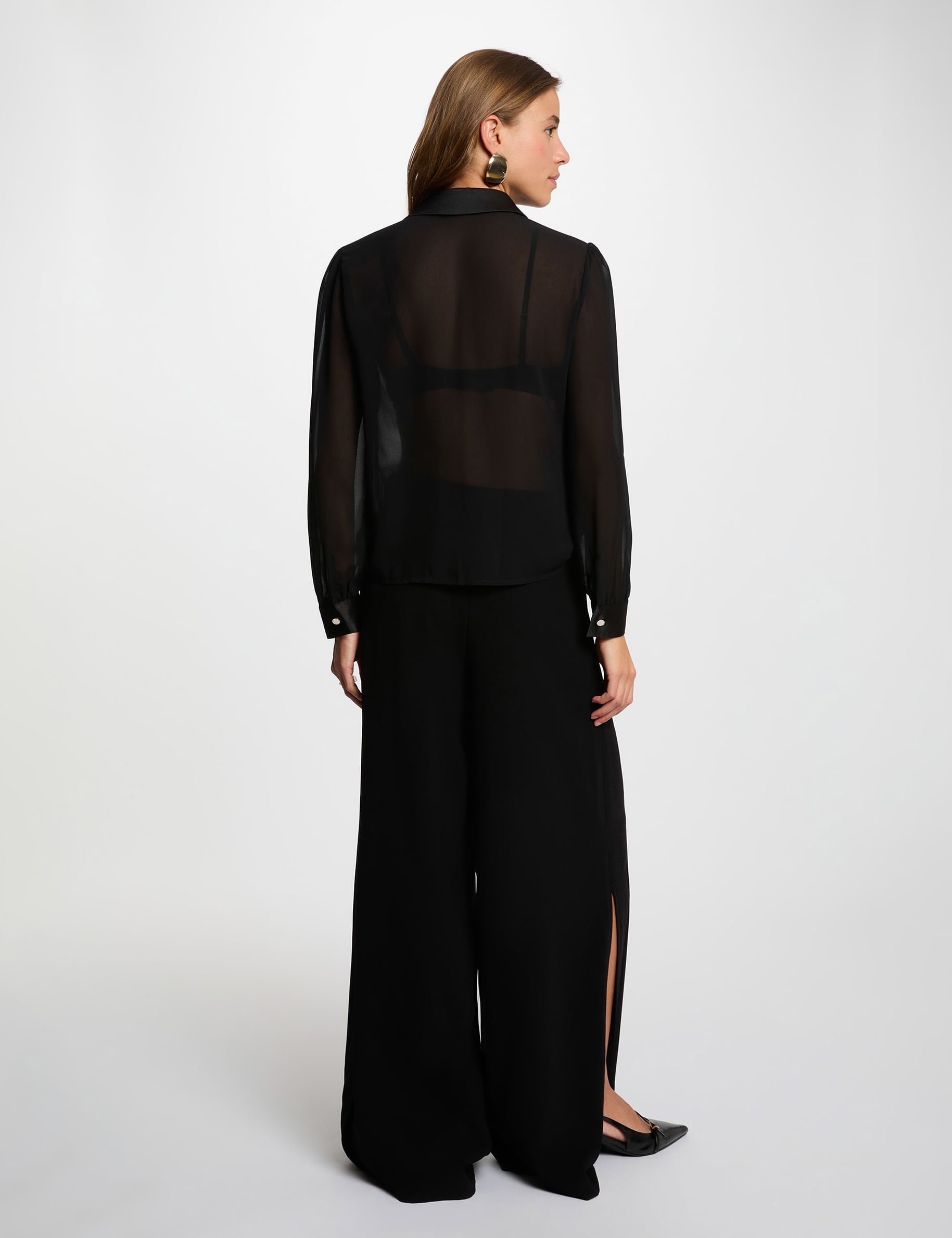 Chemise voile col &agrave; revers noir femme