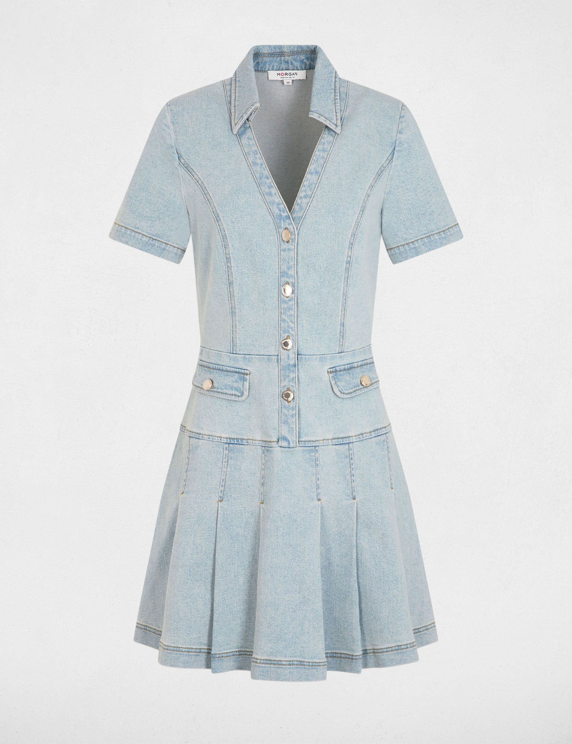 Robe courte trap&egrave;ze en jean denim bleach femme