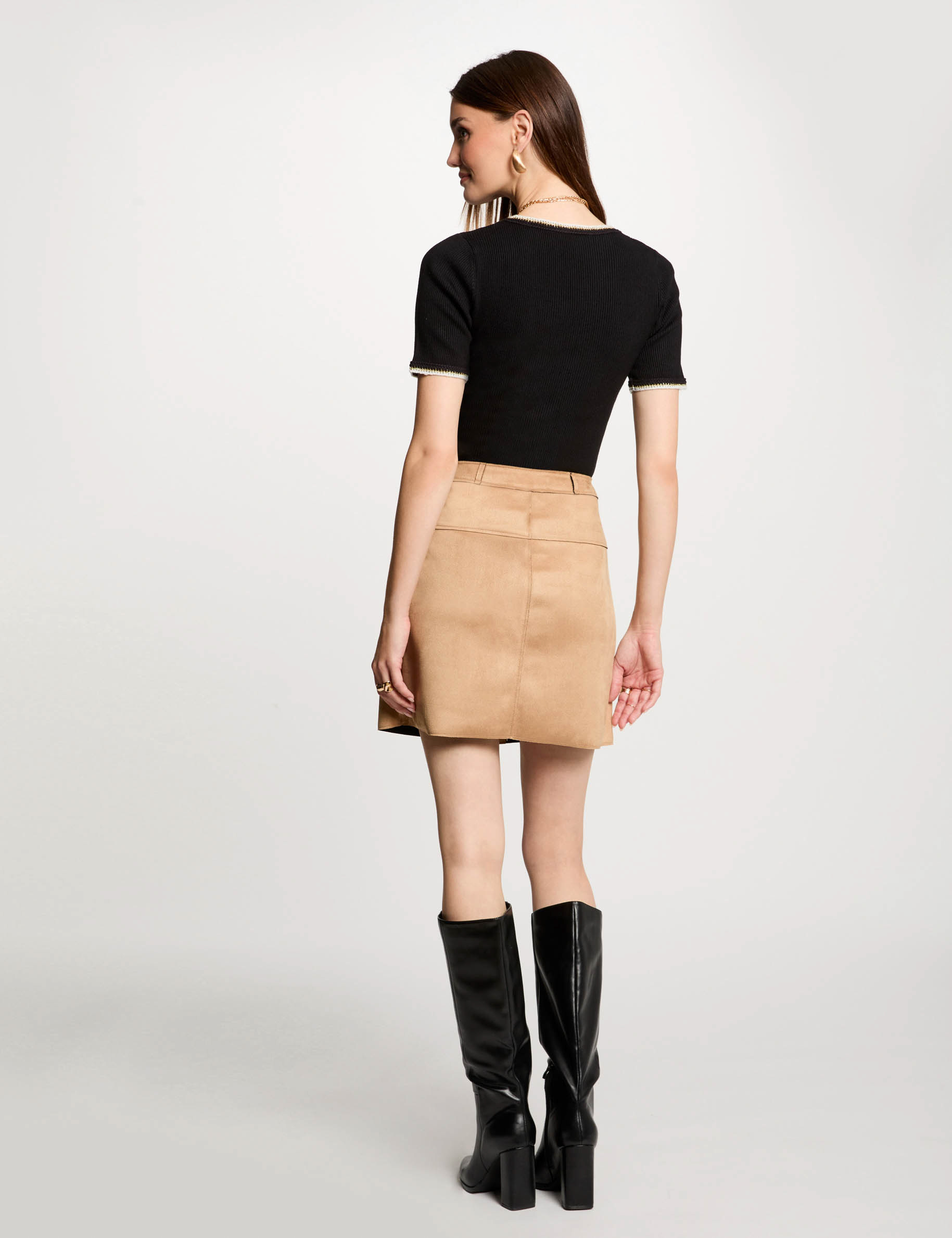jupe courte droite suedine camel femme Jupe courte droite suédine camel femme