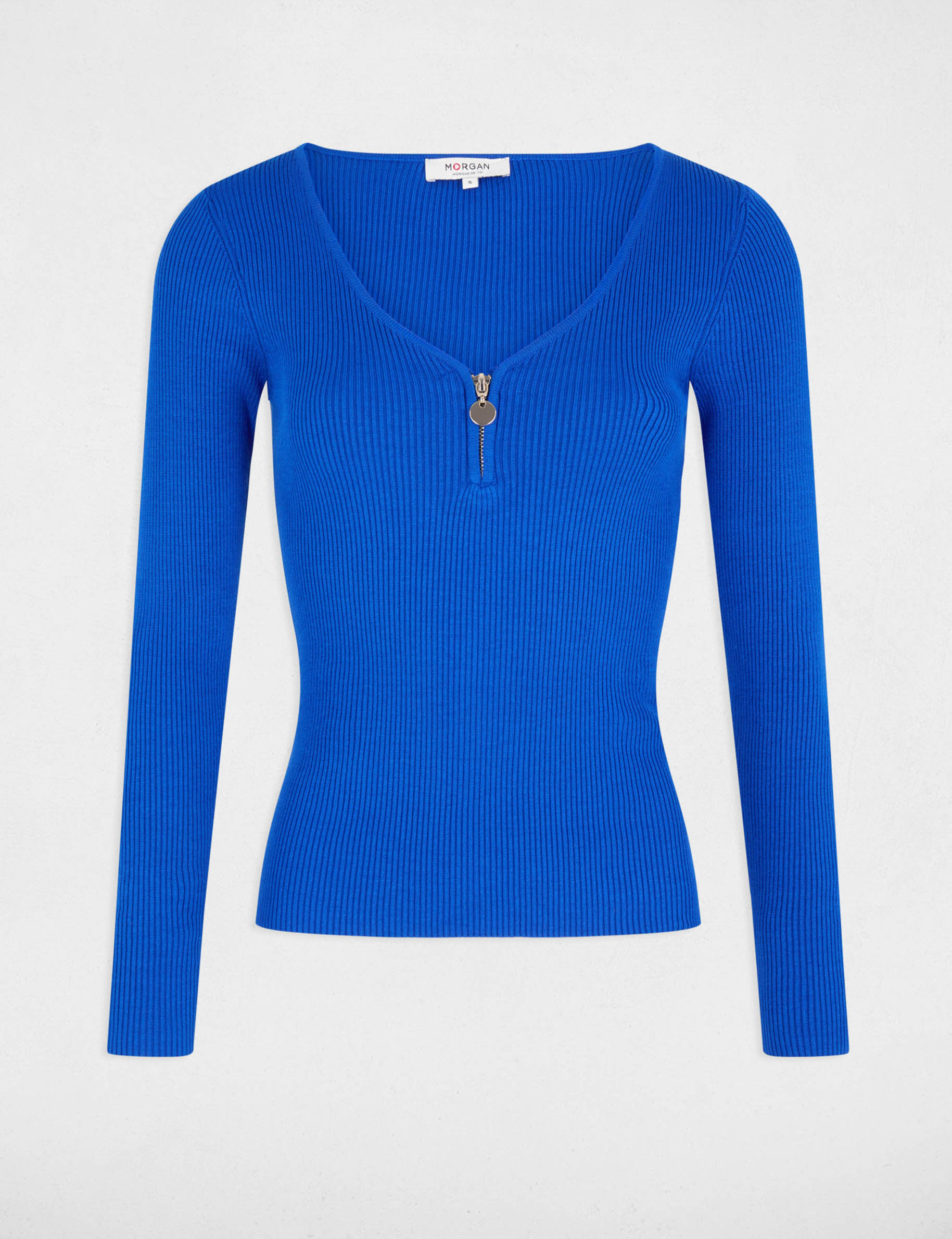 pull manches longues cotele detail zippe bleu femme Pull manches longues côtelé détail zippé bleu femme