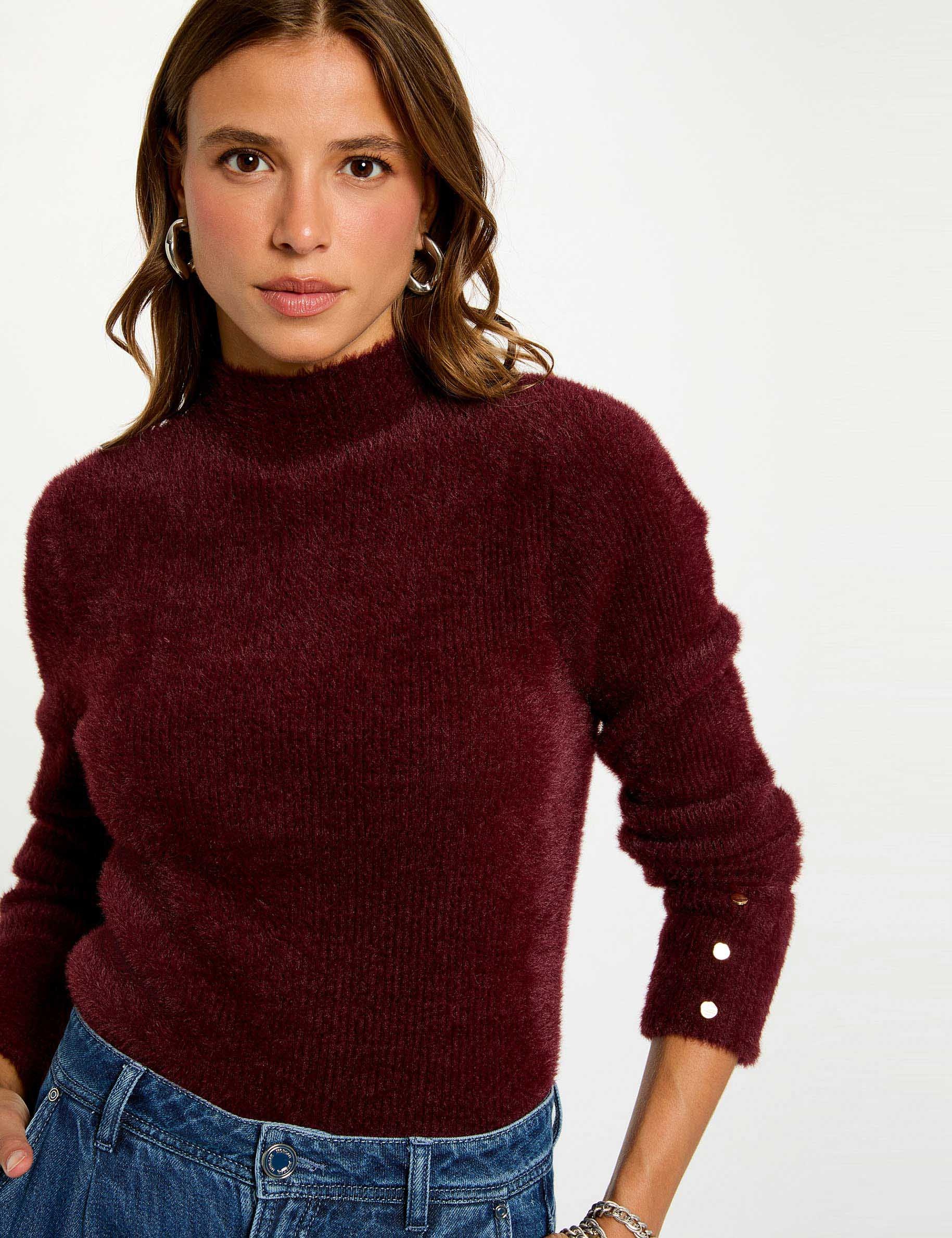 Pull manches longues maille duveteuse prune femme