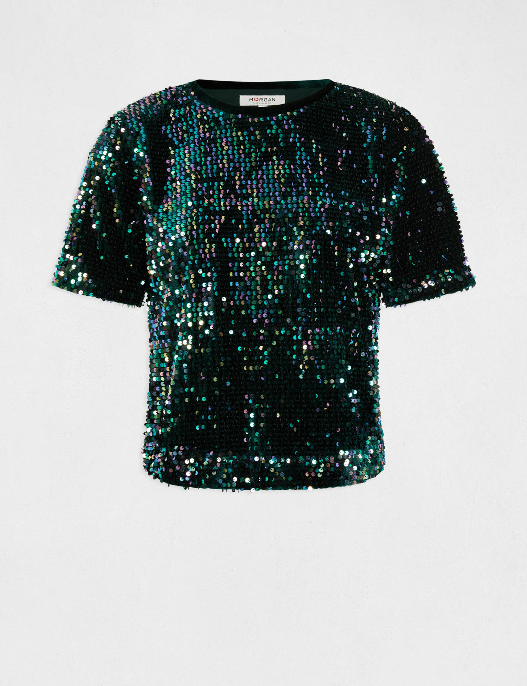 T shirt manches courtes sequins vert fonce femme Morgan