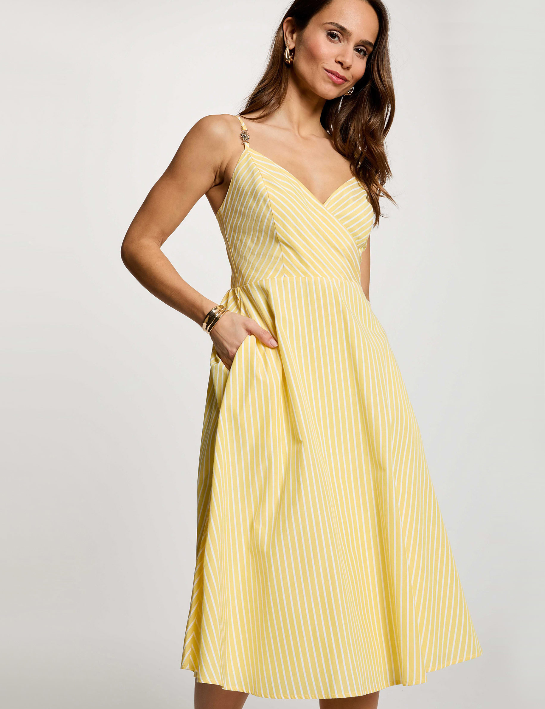 Robe cache-coeur ray&eacute;e jaune clair femme