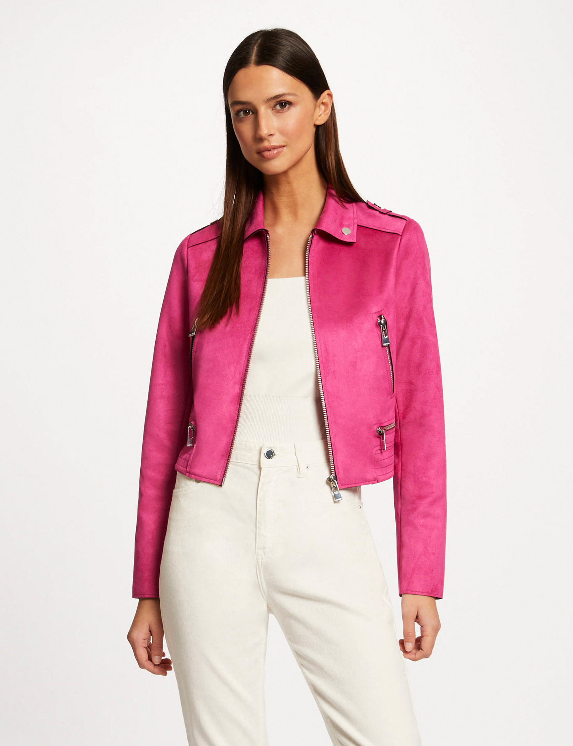 blouson droit aspect suedine framboise femme Blouson droit aspect suédine framboise femme