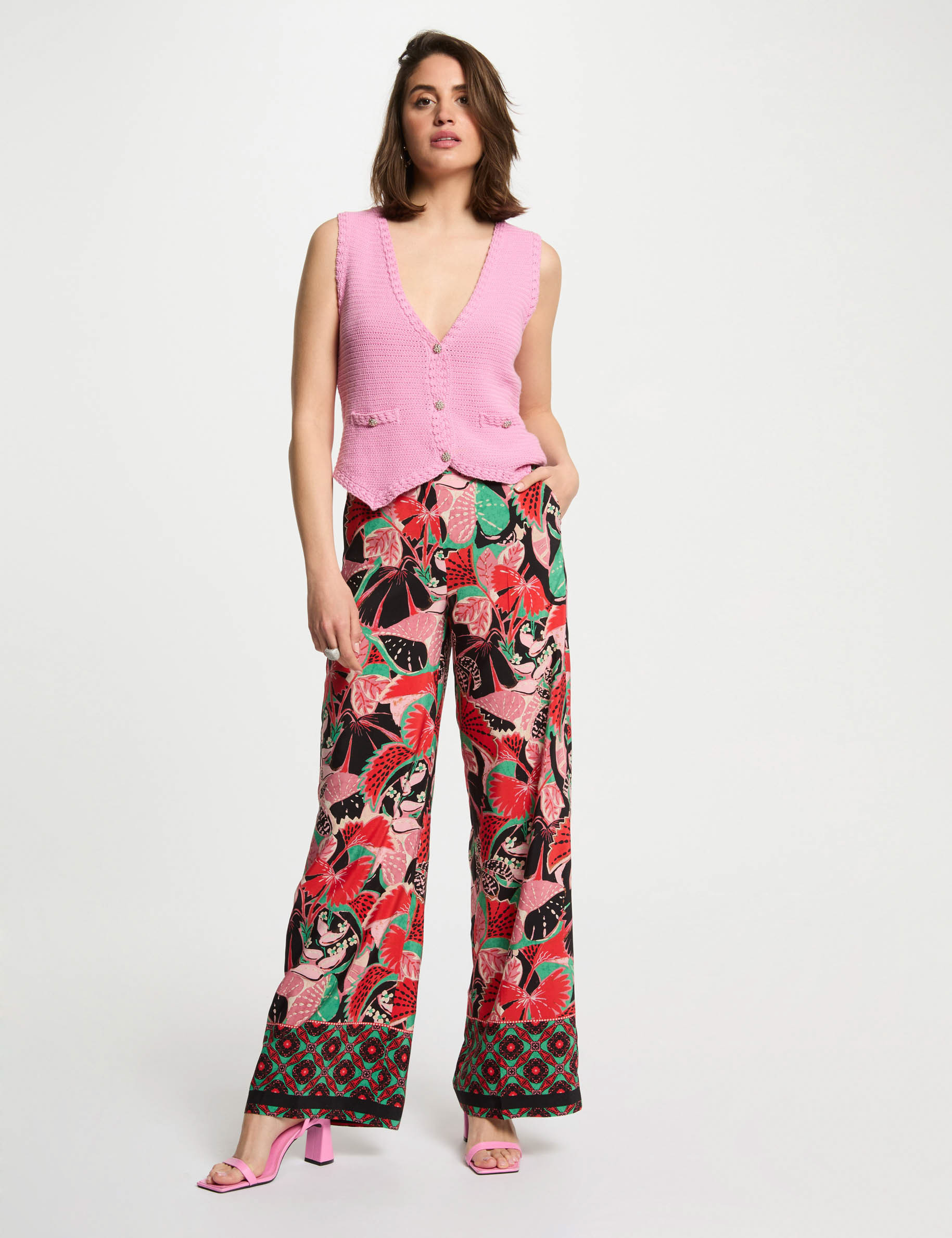 Pantalon large imprim&eacute; multicolore femme