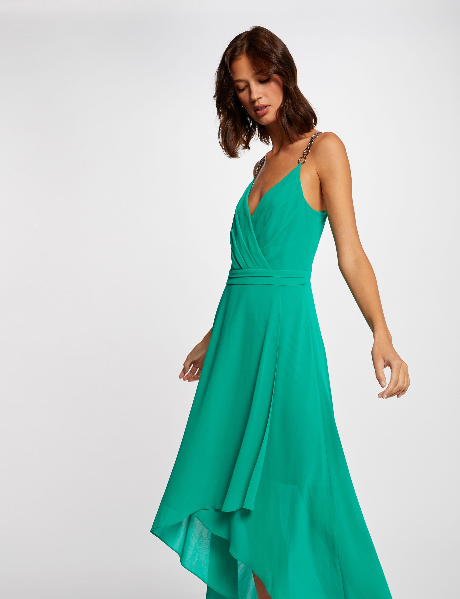 Robe longue évasée à détails chaînes vert femme