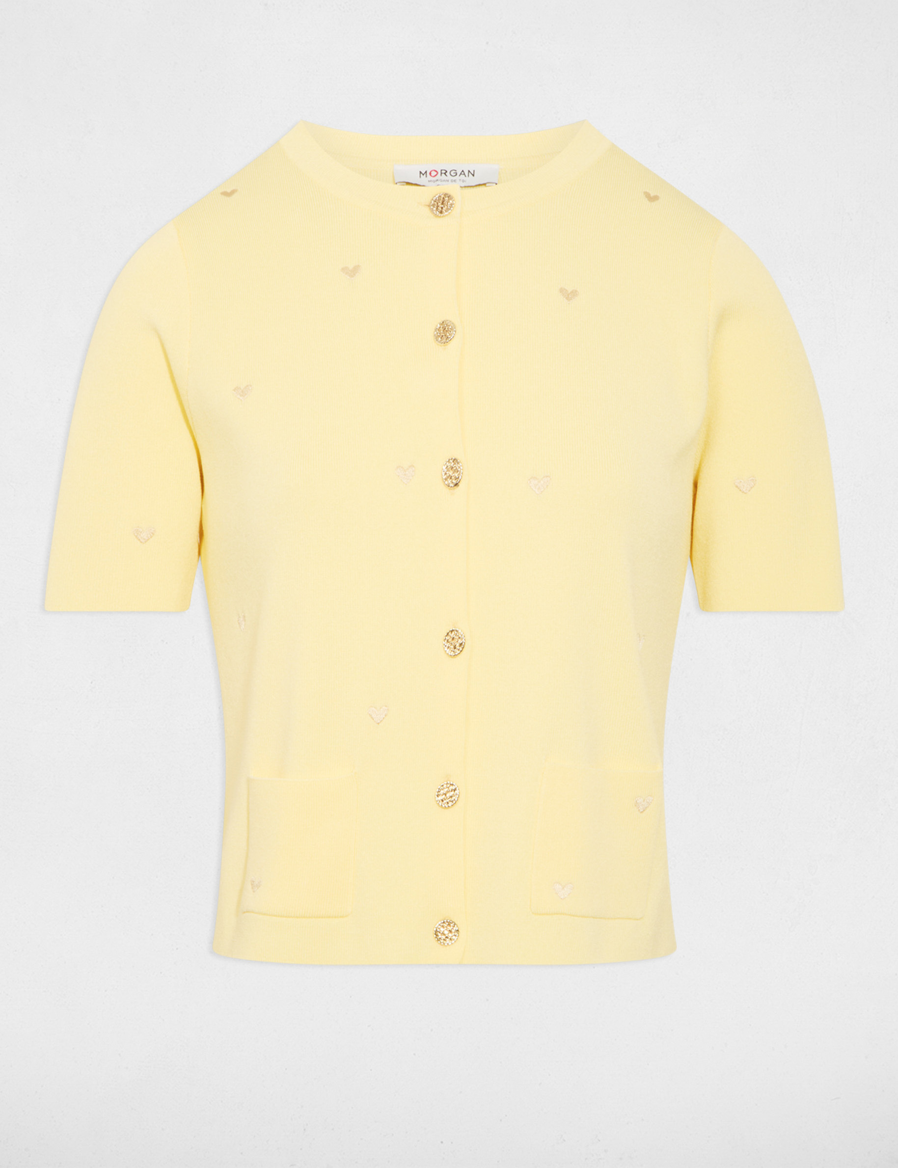 Gilet court col rond jaune pastel femme