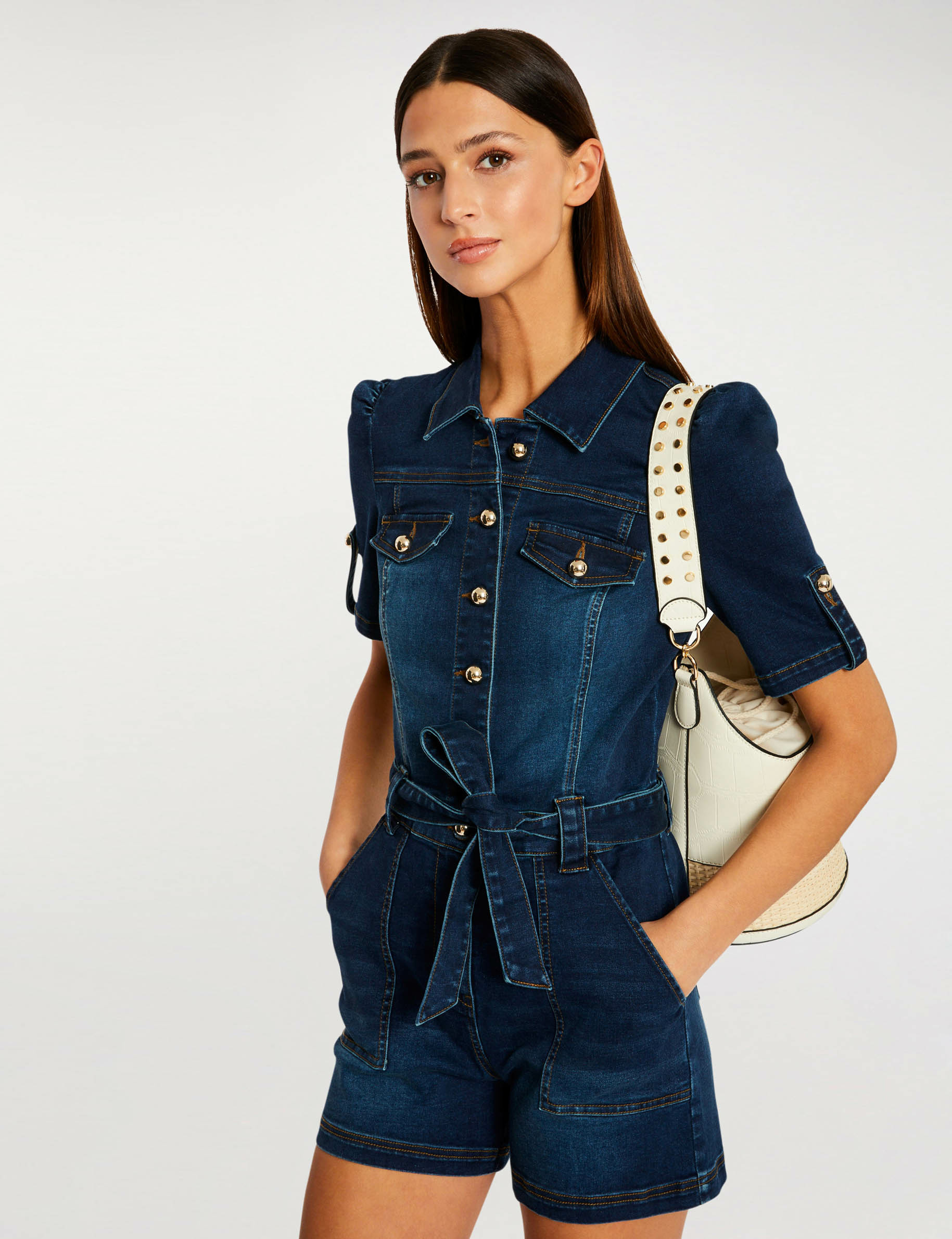 Combishort boutonnée à ceinture jean brut femme