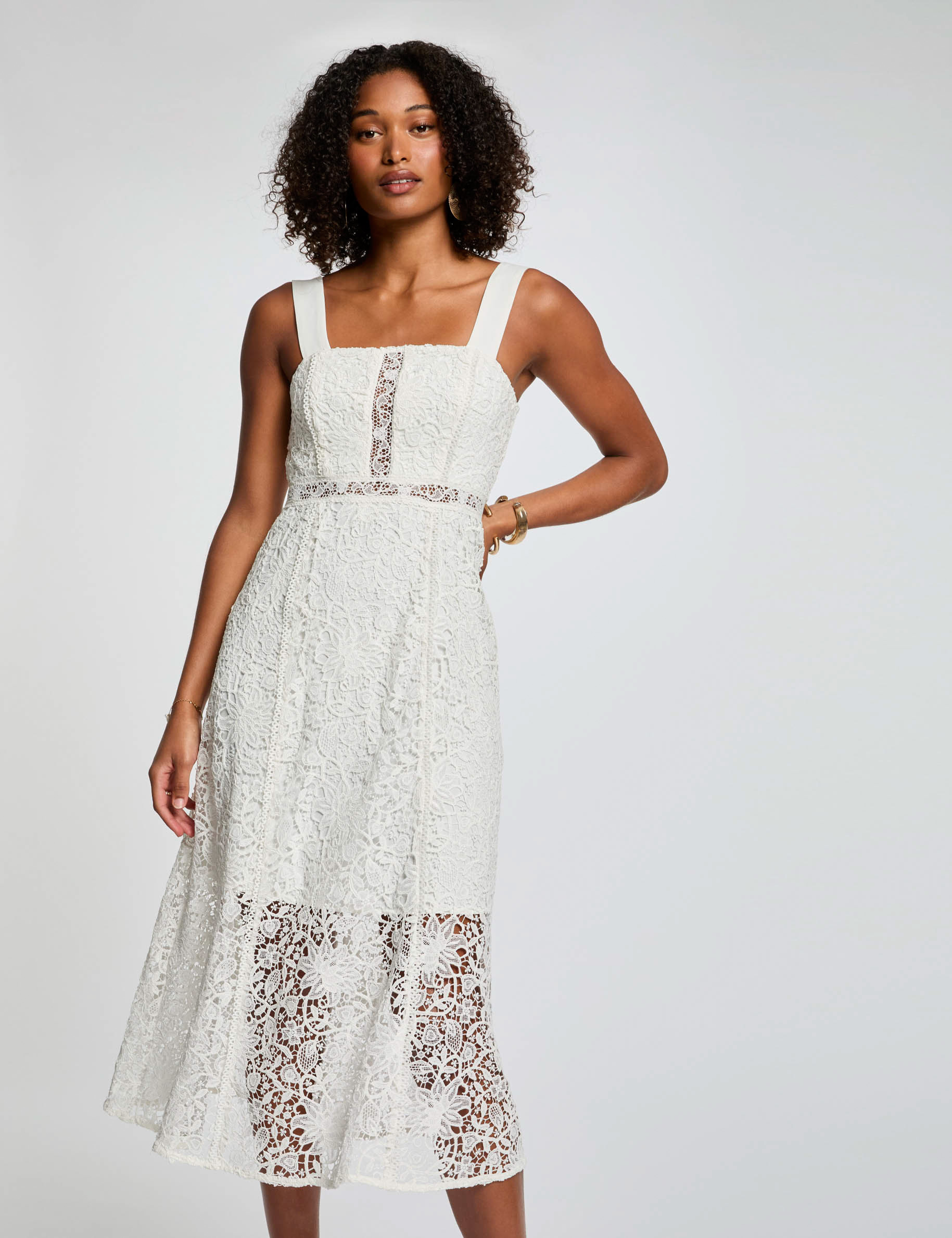 Robe midi trap&egrave;ze dentelle blanc femme