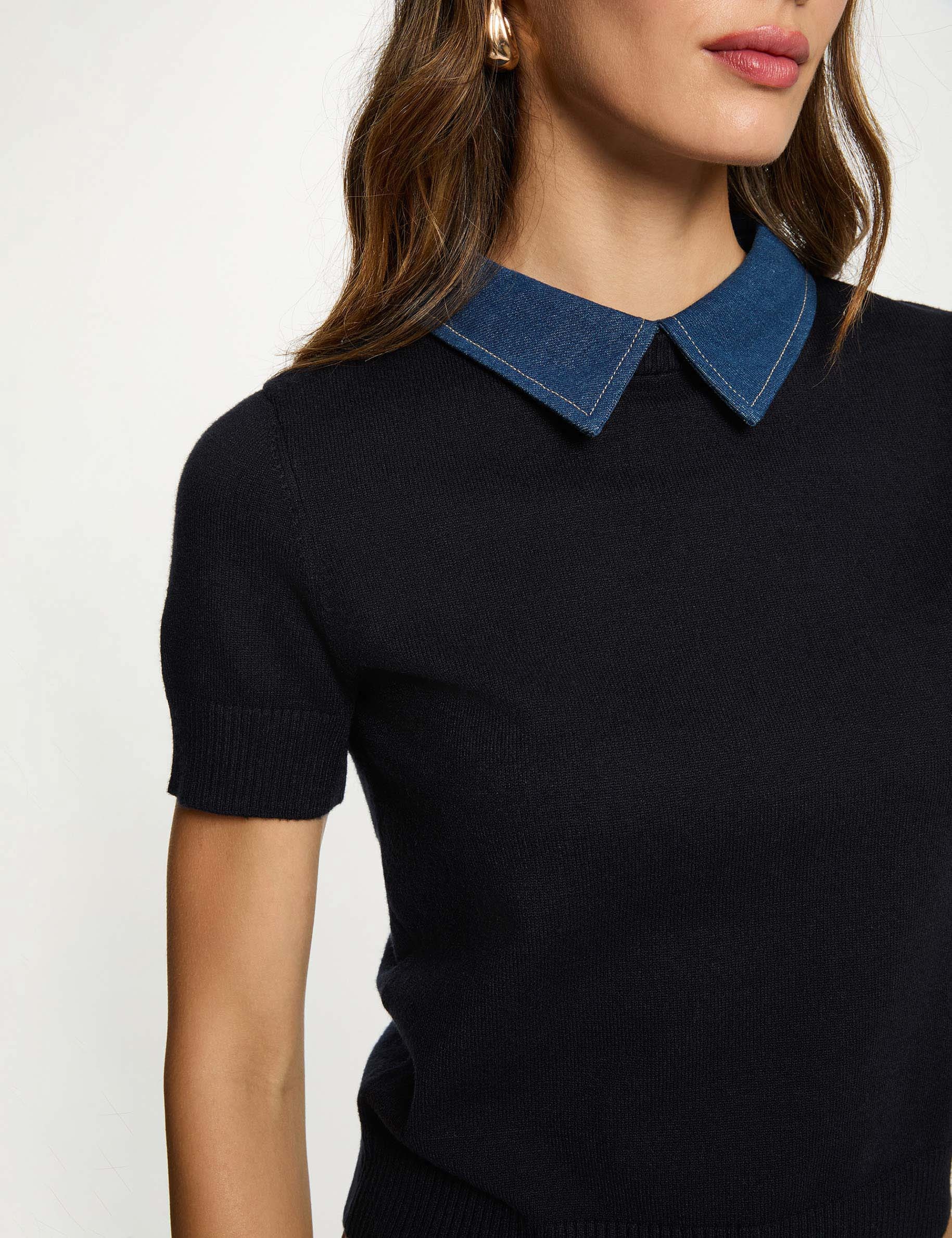 Pull court col chemise bleu marine femme