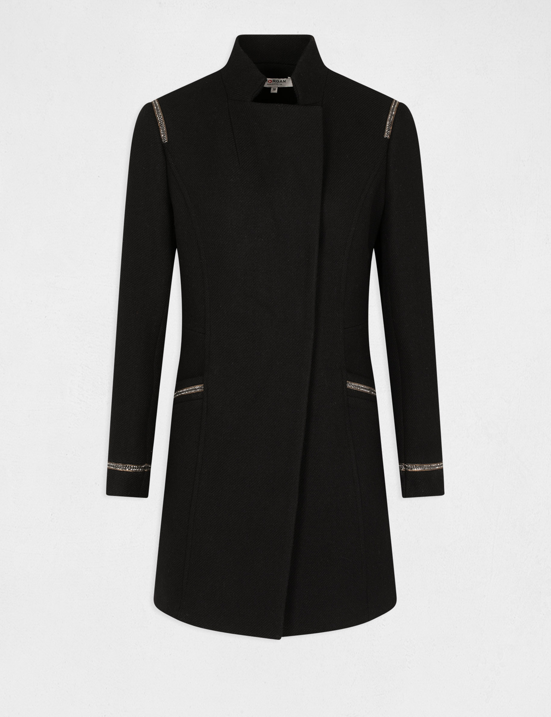 Manteau droit à détails bijoux noir femme