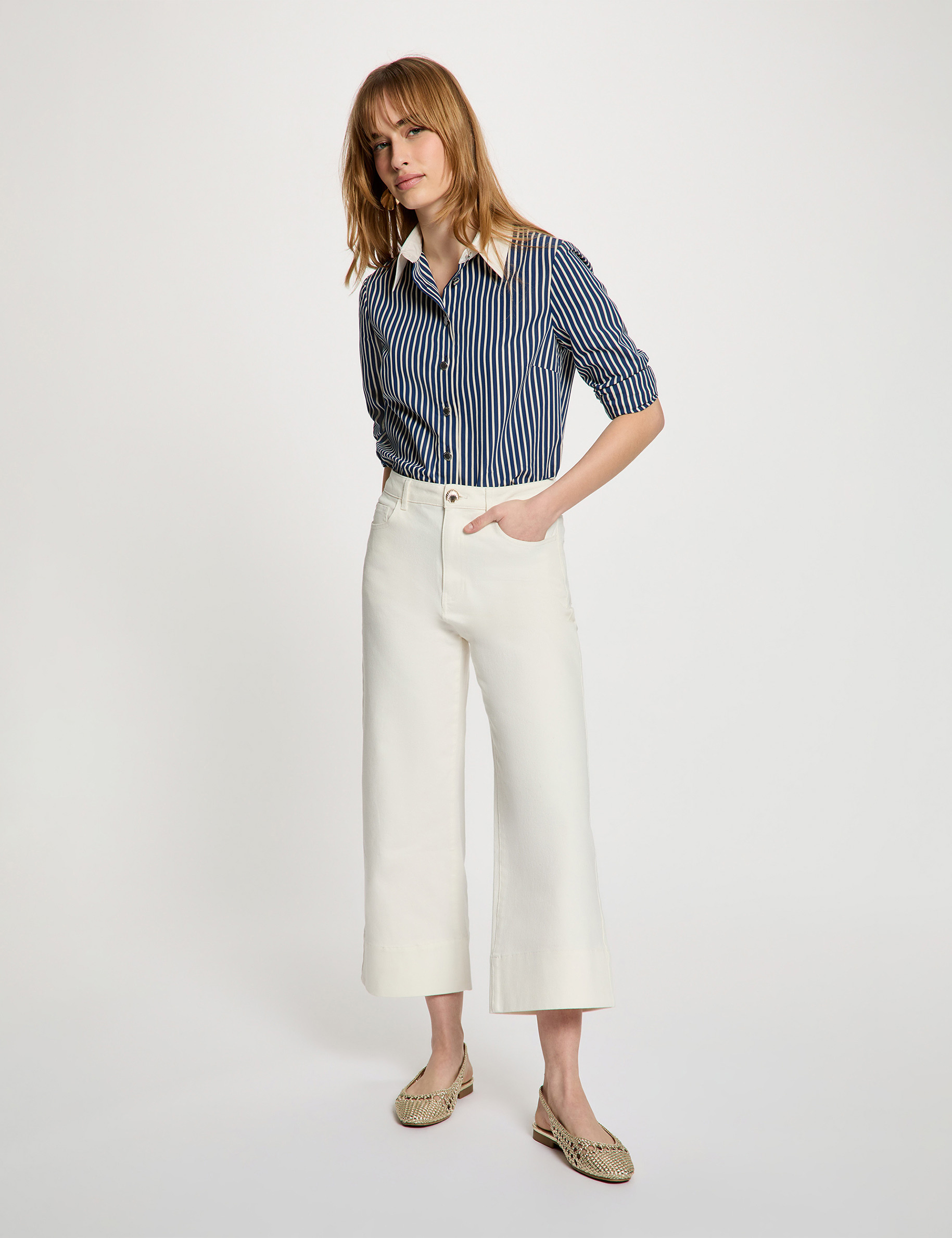 Chemise ray&eacute;e col contrastant bleu marine femme