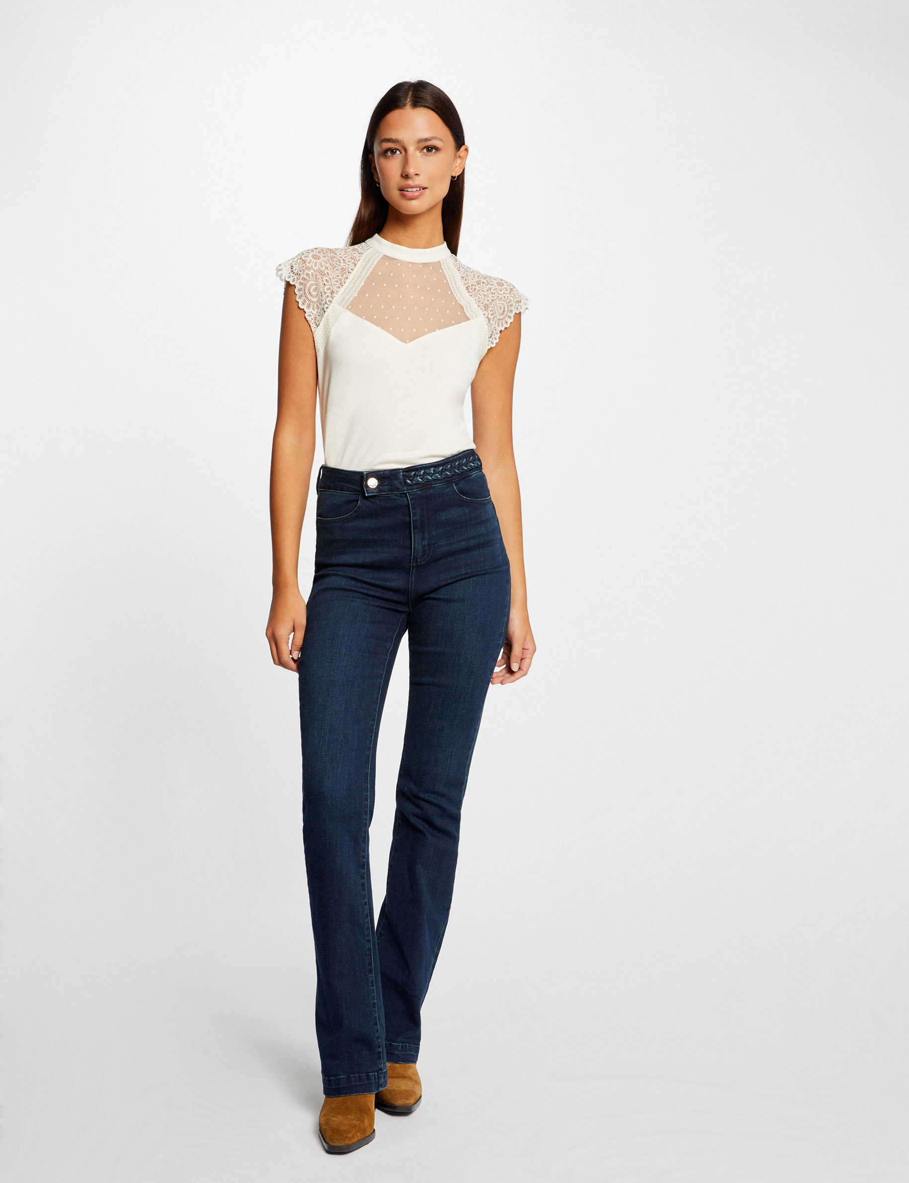 t shirt manches courtes a dentelle ivoire femme T-shirt manches courtes à dentelle ivoire femme