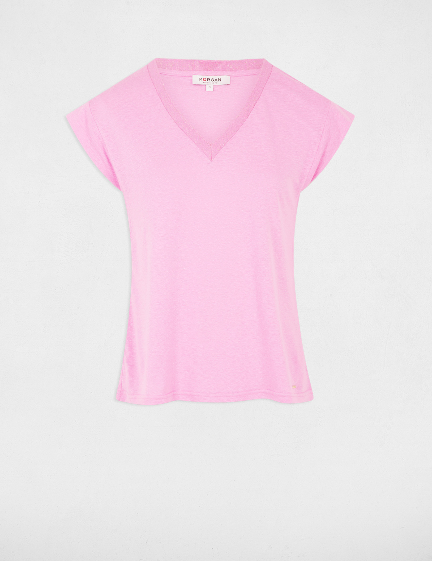 T-shirt manches courtes &agrave; col en V rose femme
