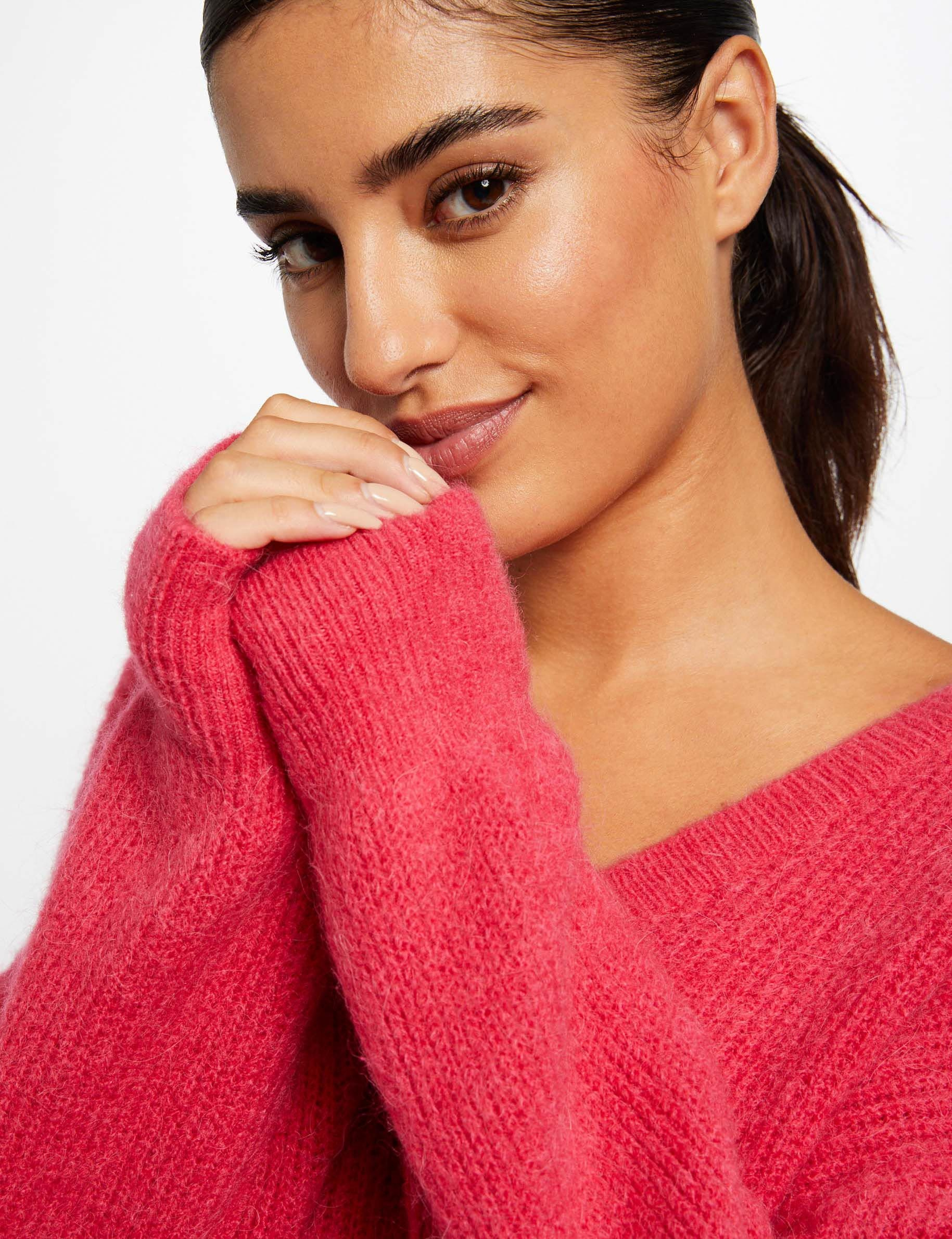Pull manches longues à col en V framboise femme Pull manches longues à col en V framboise femme